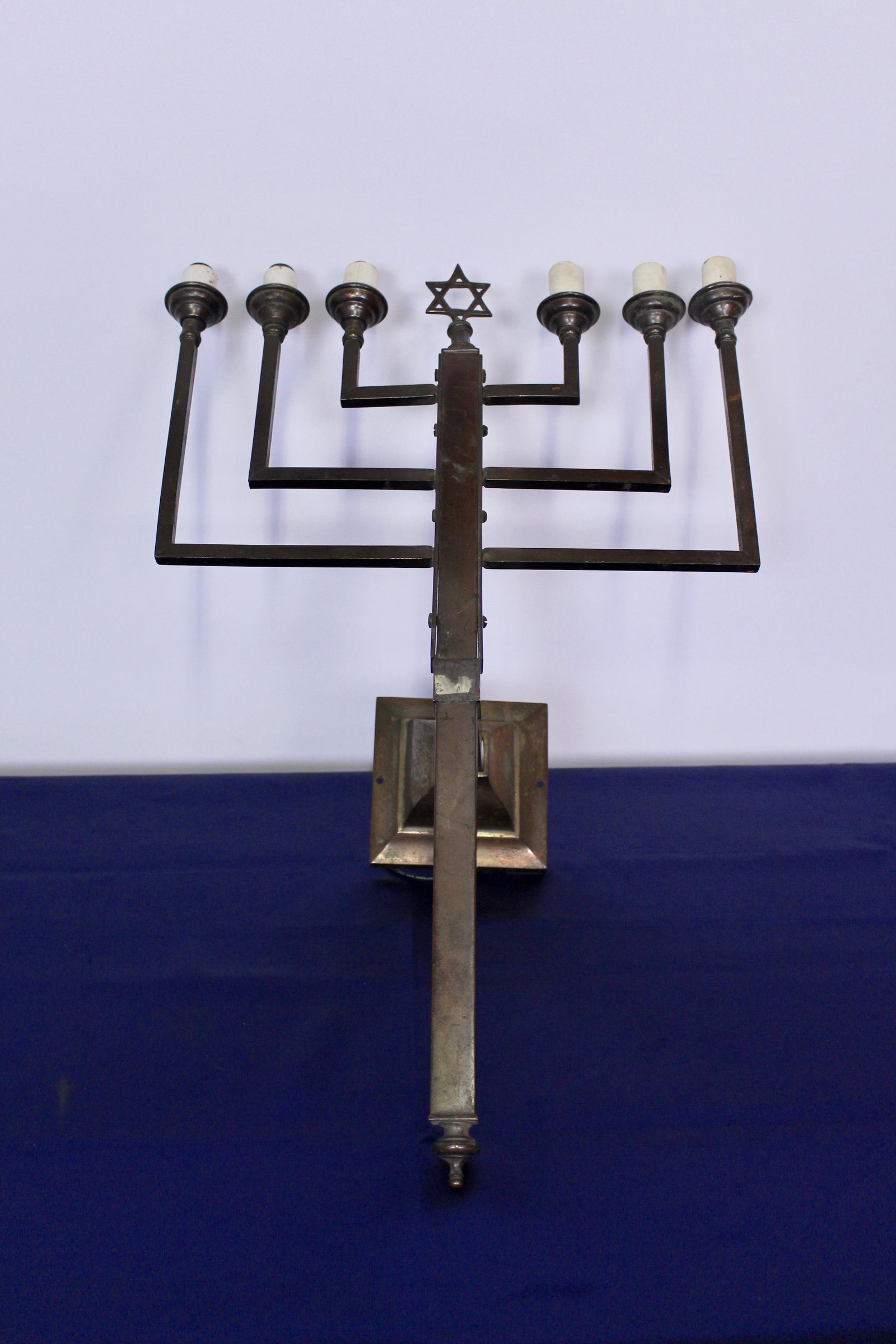 Arts and Crafts Wall Sconce in Candelabra Form: Arts and Crafts Wall Sconce found in Boston in Jewish Sabbath Candelabra Form, 22.5"H x 14"W