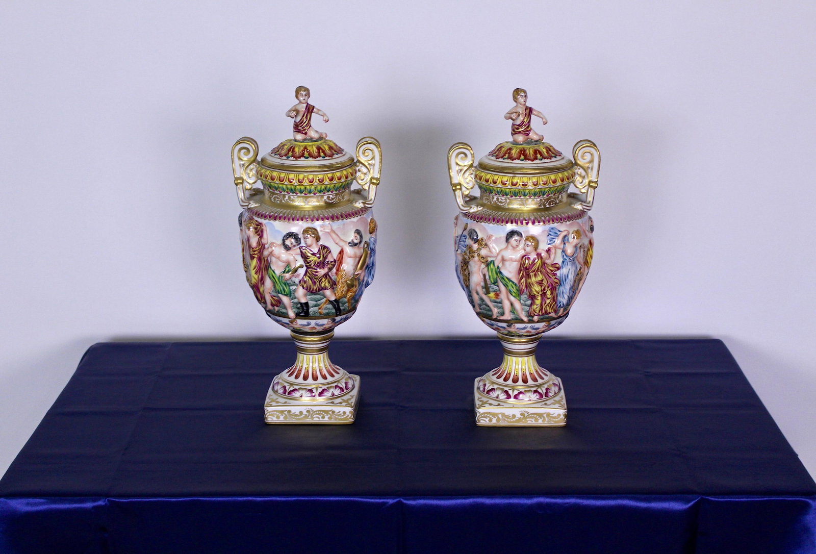Pair of Porcelain Capodimonte Style Figural Urns: Pair of Porcelain Capodimonte Style Figural Urns, 15.5"H x 7"W