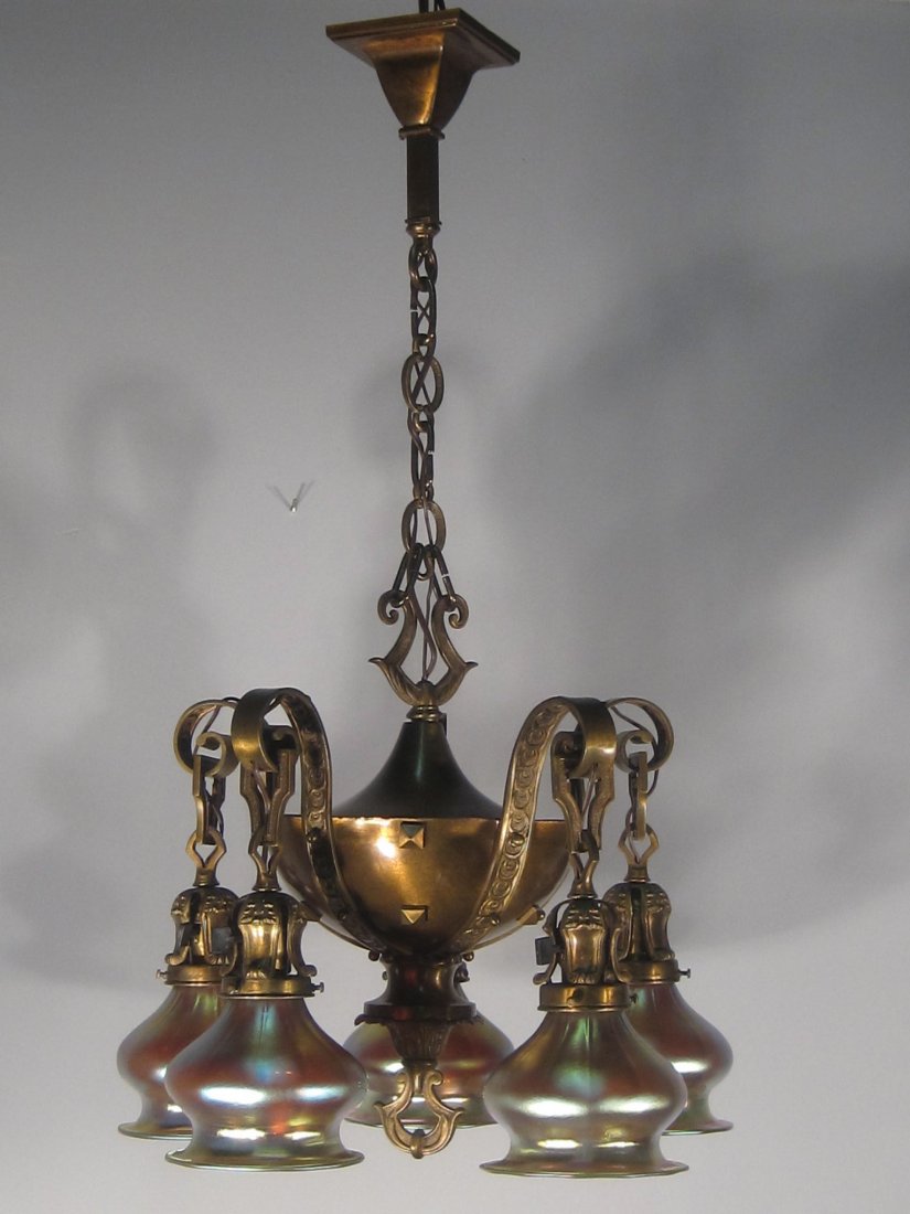 Arts and Crafts Light Fixture (5-Light): Ca. 1912 Original Arts and Crafts style 5-arm fixture fitted with re-cast 'Poppy' art glass shades. American made and sourced in Vancouver, British Columbia. Attributed to 'Miller Lighting Company." M