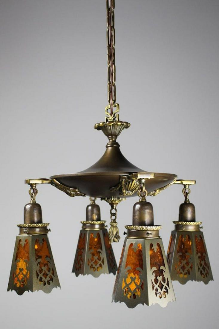 Edwardian Pan Light with Cut Out Amber Glass Shades: Circa 1920. This four-light Edwardian fixture is finished in an olive bronze and decorated with cut-out amber glass shades. A perfect light to warm up a heritage interior, bedroom, or hallway. Measure