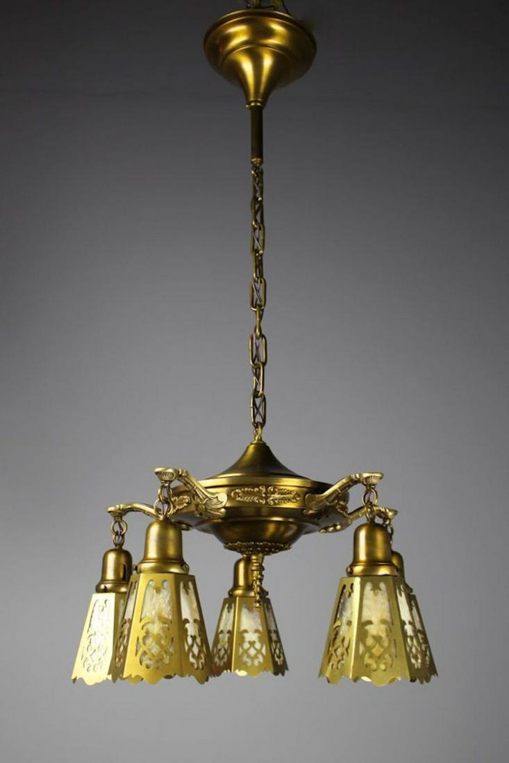 Decorative Edwardian Pan Light with Cut Out Opalescent: Circa 1915, this five-light Edwardian fixture is finished in an olive bronze and decorated with cut-out opalescent glass shades. A perfect light to warm up a heritage interior, bedroom, or hallway. Me