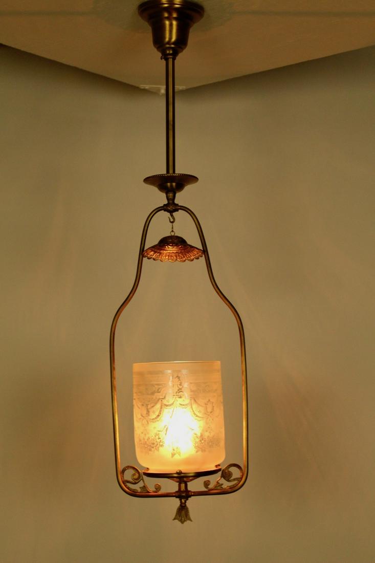 Victorian Harp with Original Shade: Victorian harp with original etched glass shade Circa 1900 Measures 35"H x 8"W