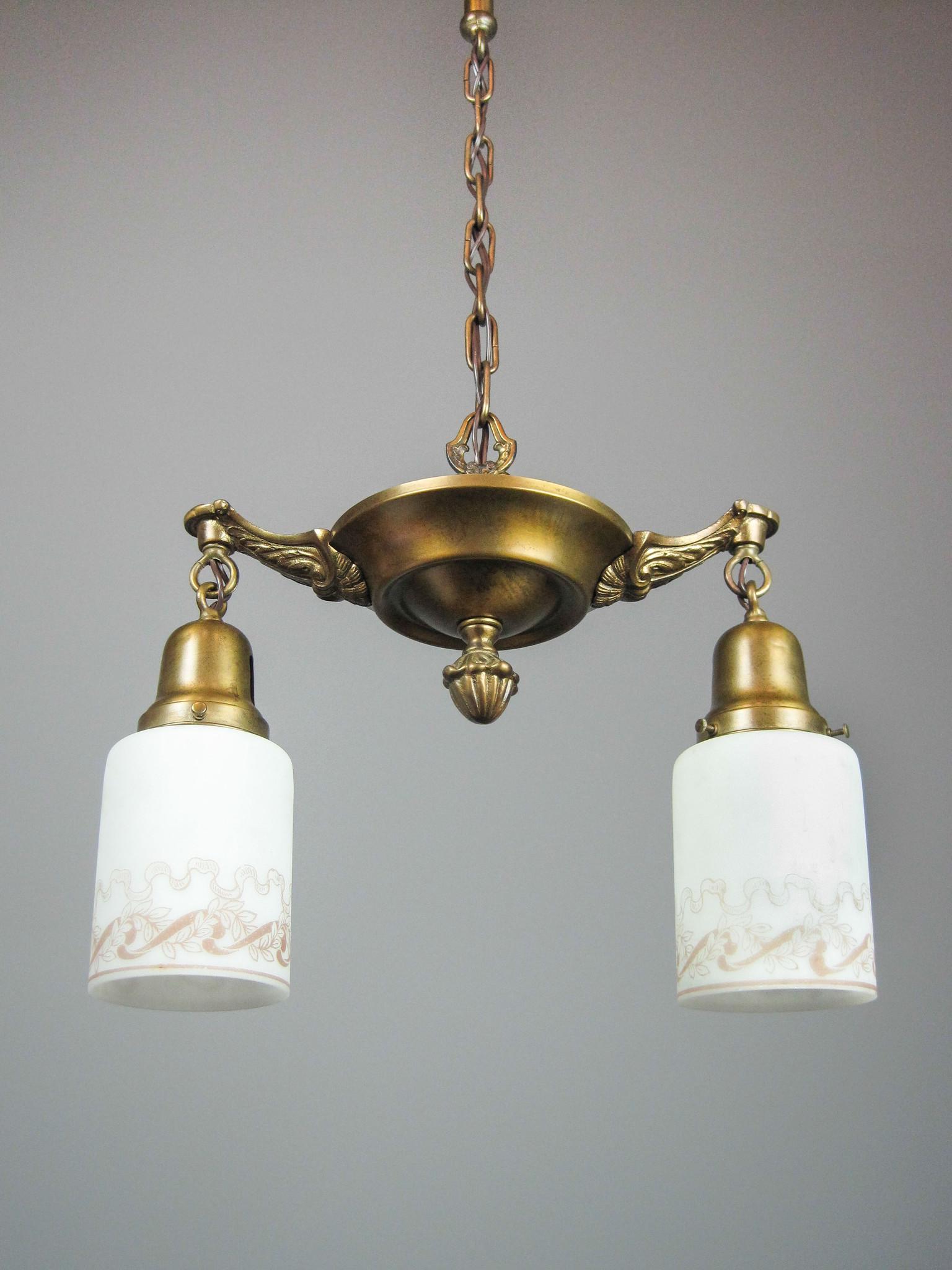 Original Pan Light Fixture with Antique Shades: Ca. 1910 Arts and Crafts pan light fixture fitted with antique milk-glass "ribbon-motif" shades. A design which is characteristic of the period in it's simplicity. 12"H x 14"W x 31"L