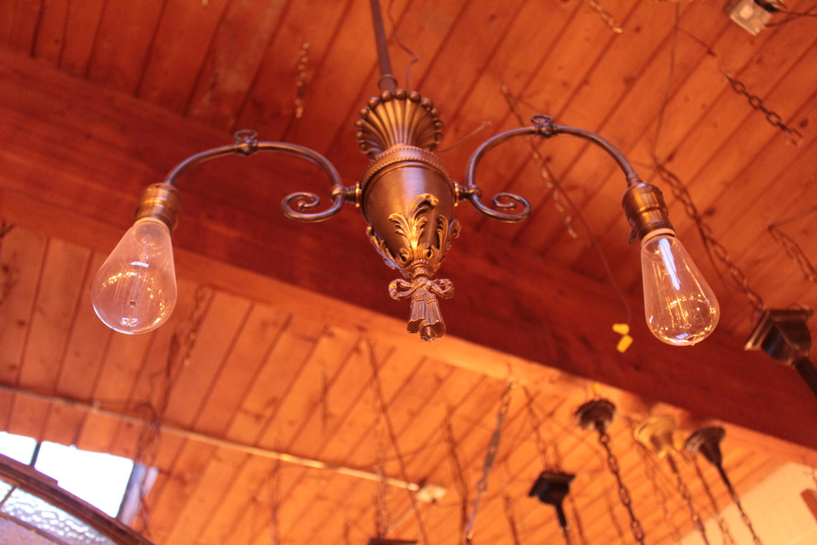 C. 1900 Victorian Downlit Gas Fixture: Victorian Downlit Gas Fixture, 2-Light Bare Bulbs. Circa 1900. Measures 38"L x 20"W