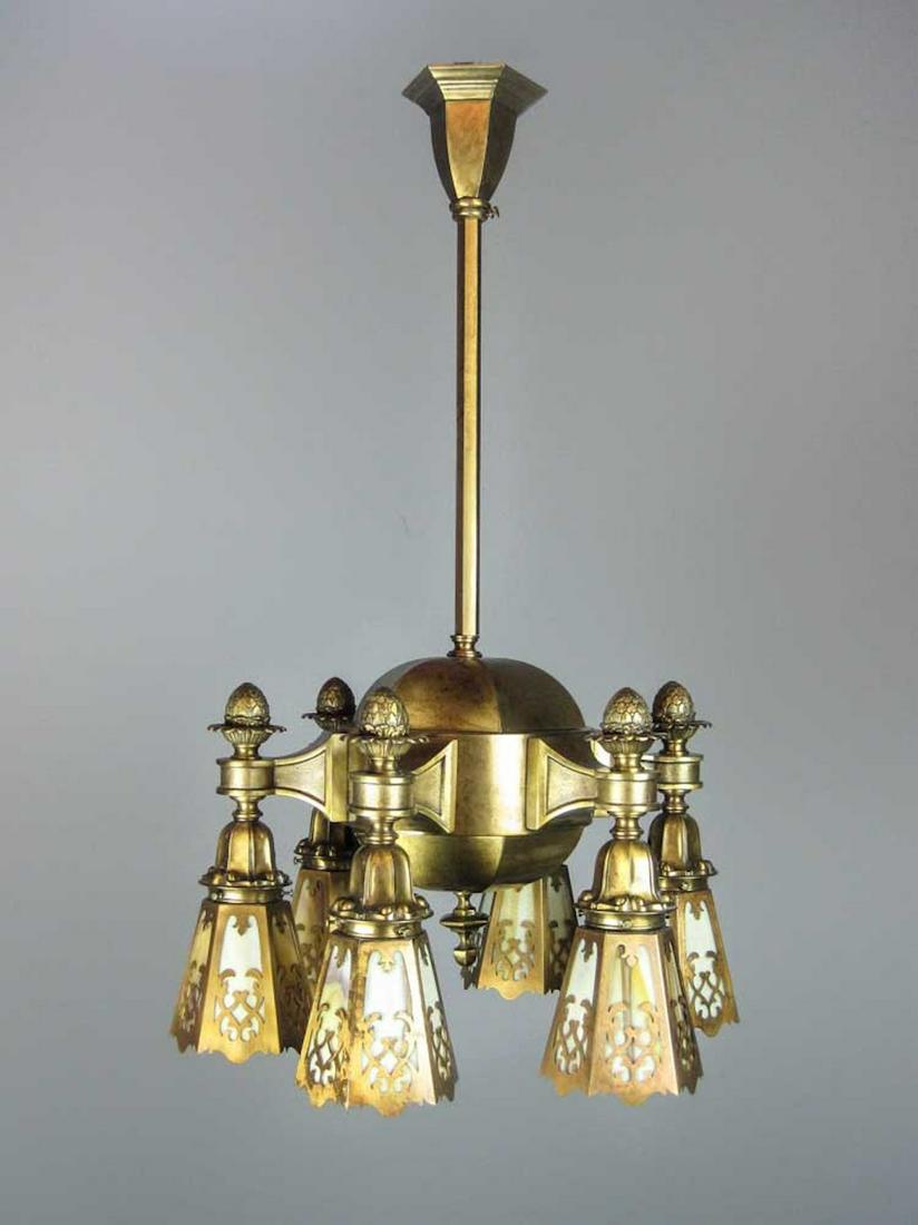 C. 1912 Edwardian Light Fixture (6-Light): Ca. 1912 Edwardian fixture sourced in Montreal, Q.C. Shown fitted with Arts and Crafts "Caramel Slag Glass" cut-out shades. Olive bronze finish. A truly stunning fixture with sharp castings of the upm