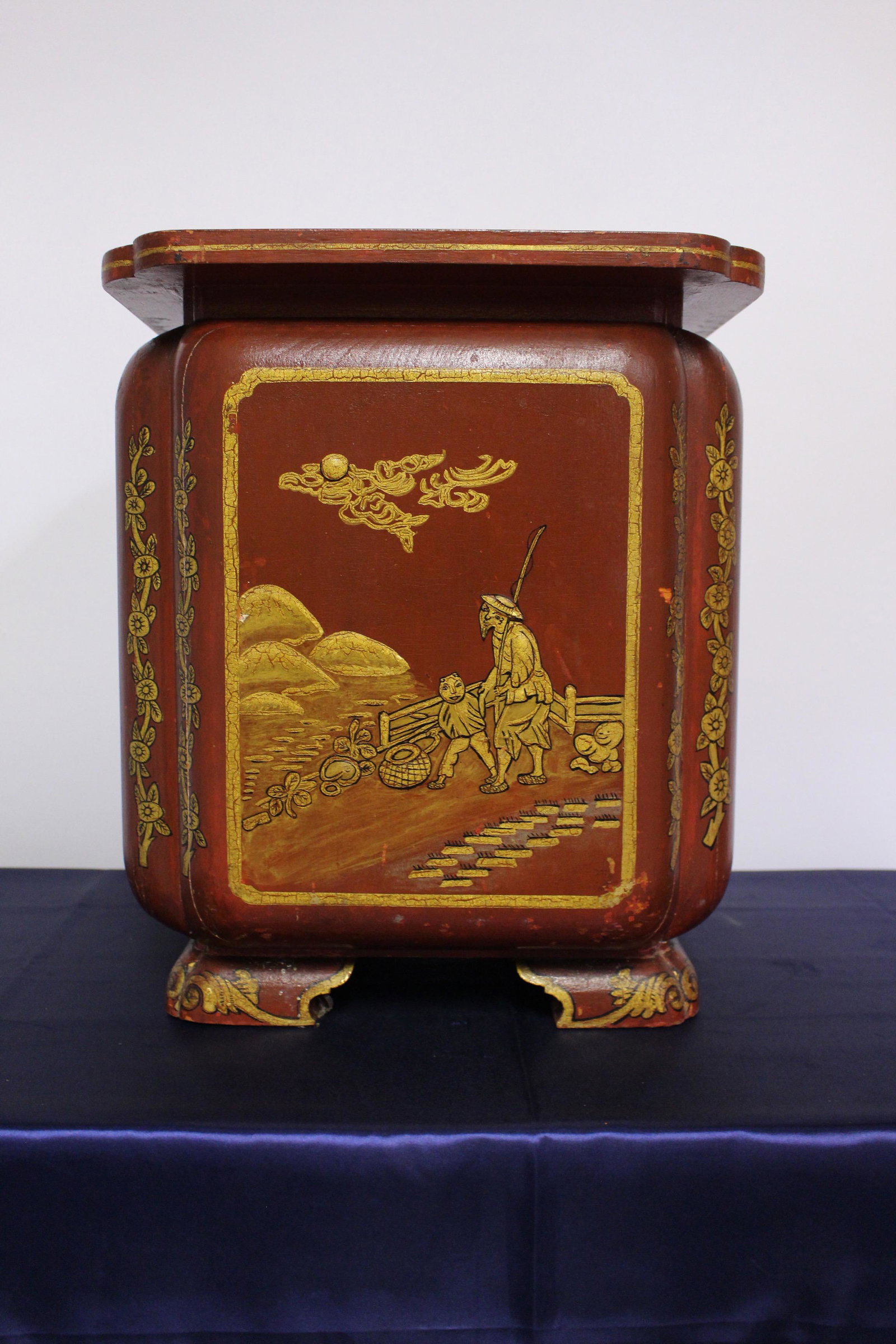 Japanese Painted Wooden Umbrella Stand Circa 1910: Japanese Painted Wooden Umbrella Stand, Decorated with Gilt and Red Laquer, circa 1910, 12.5"W x 13.5"D x 17.5"H