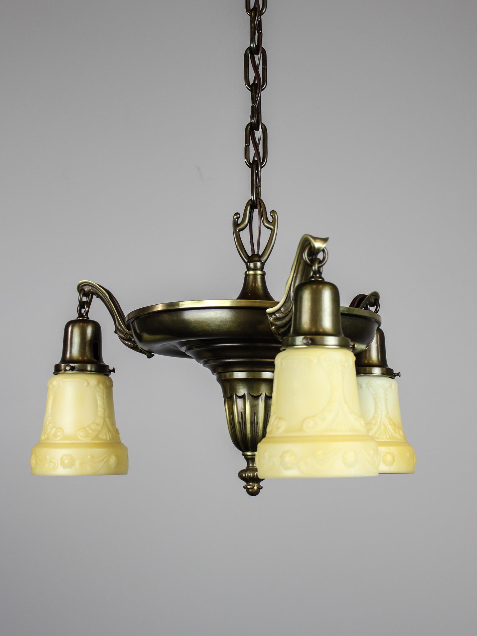 C. 1915 Antique Sheffield Light Fixture (3Light): Ca. 1915 An antique light fixture in the Sheffield/Arts and Crafts style, completely restored with the original finish and fitted with period correct tinted milk glass shades. Pattern matched canopy a