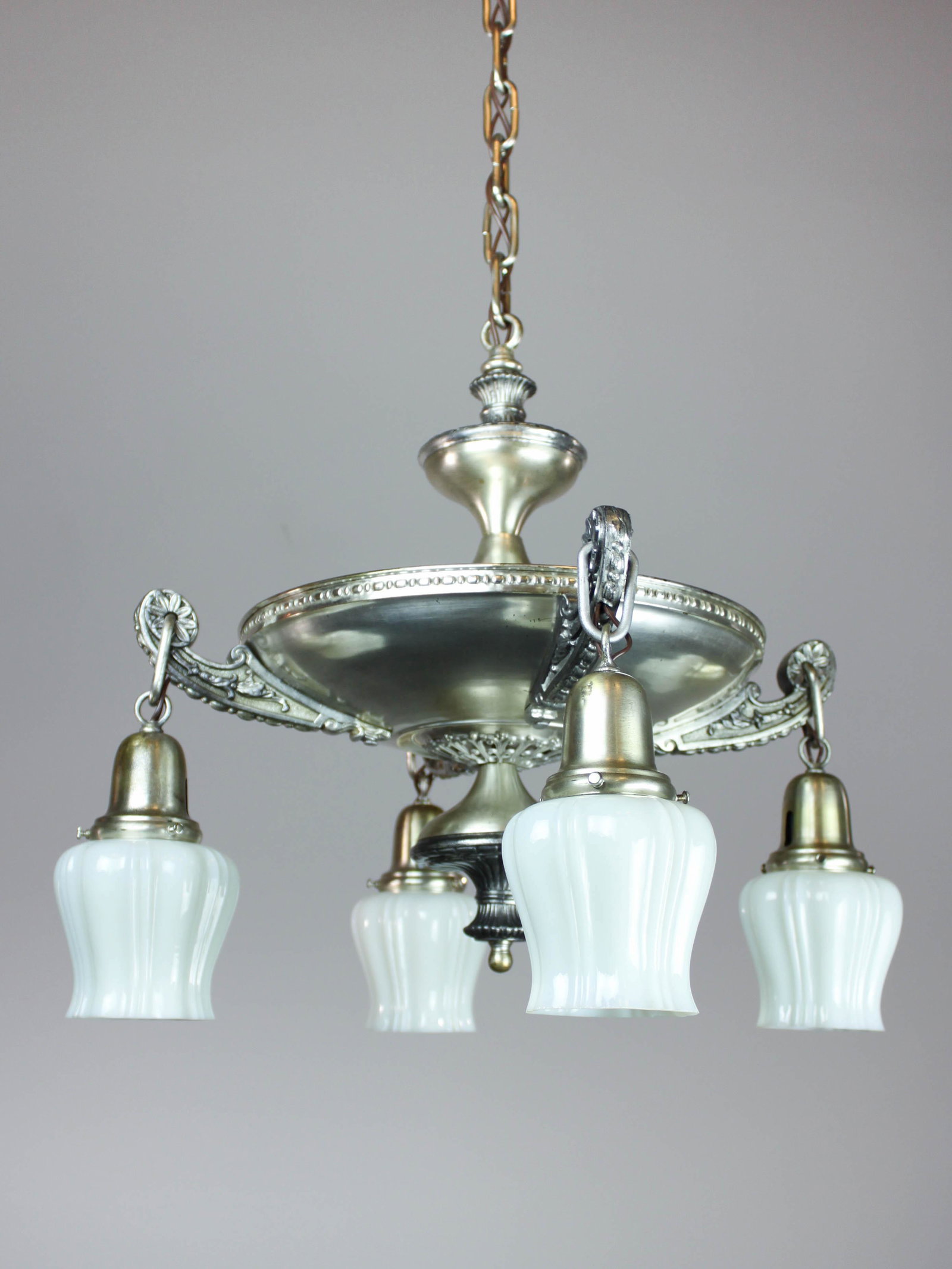 C. 1920 Original SilverPlated Pan Light (4Light): Ca. 1920 Antique pan light fixture with wonderful original silver plate and natural patina. This widebody pan is decorated with intricate lattice work, scrolling cast arms, matching canopy and origina