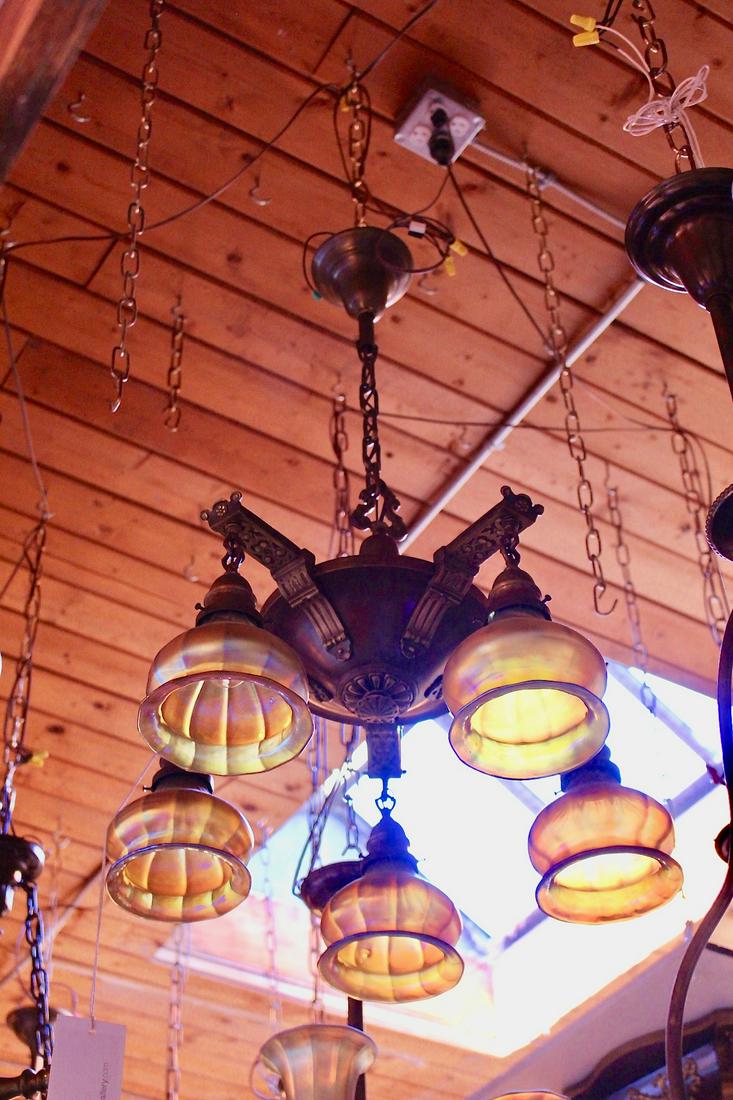 Edwardian Pan Fixture with Art Glass Shades: Edwardian pan fixture with art glass shades. C. 1915. Measures 35"L x 24"D.
