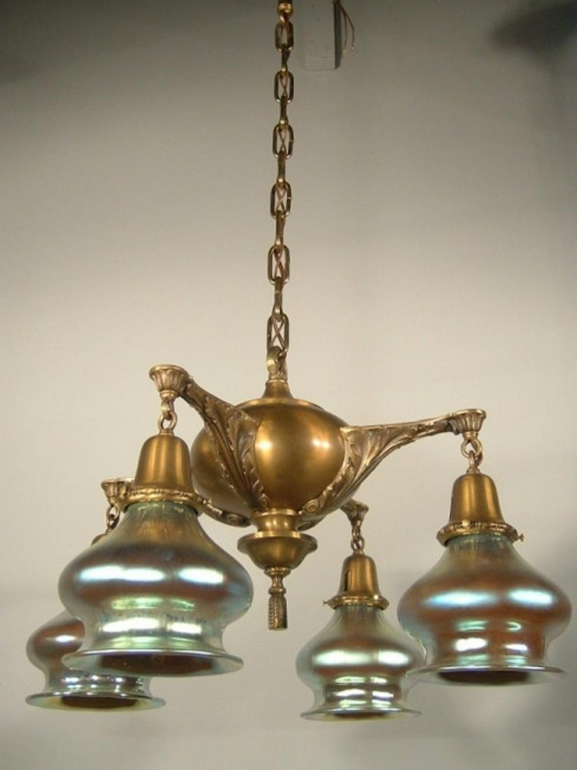 Original Pan Light Fixture (4Light): Ca. 1915 Fourarm pan fixture fitted with recast art glass shades 42"L x 22"W