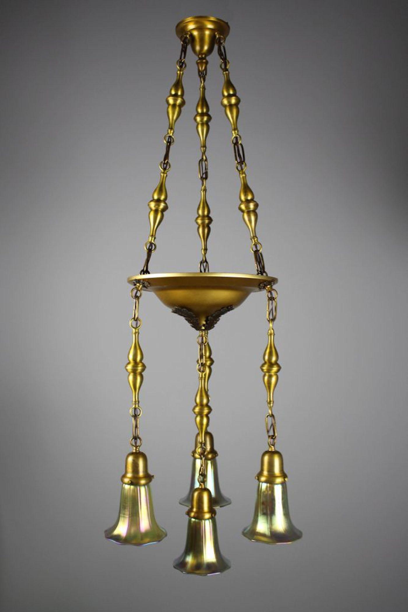 Beardslee Shower, Four Light Chandelier with Art Glass: Circa 1915. Made by Beardslee of Chicago, this elegant ‘shower’ light has a lovely elongated silhouette, typical of lighting found in ‘Bungalow’ style architecture. This light has been cleaned