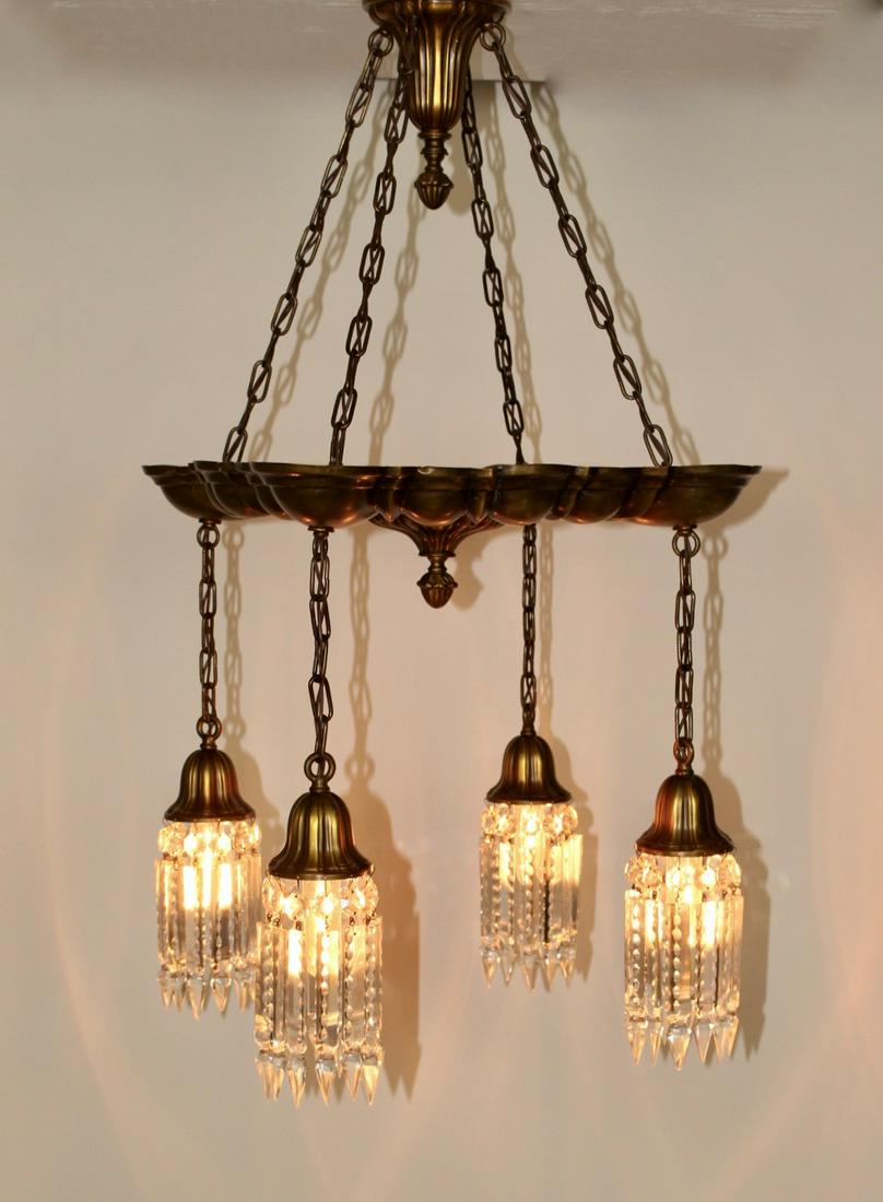 4 Light Sheffield Pan with Crystals: 4light square Sheffield pan fixture with crystal shades. Circa 1915. Measures 38â€³H x 24â€³D.