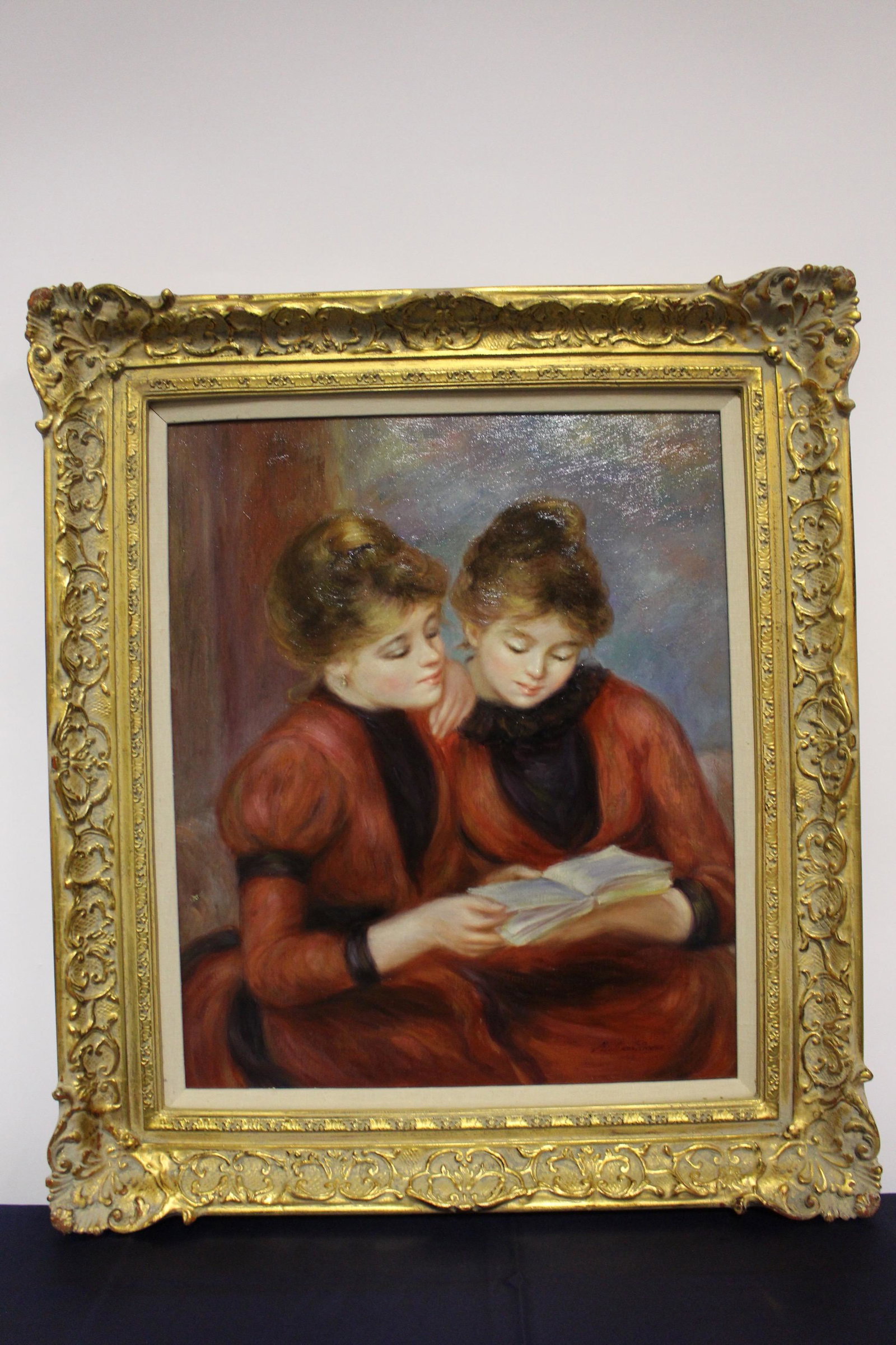 Richard Moore Oil Painting of Twin Sisters: Richard Moore Oil Painting of Twin Sisters Reading, Signed, 27.5"W x 31.5"H