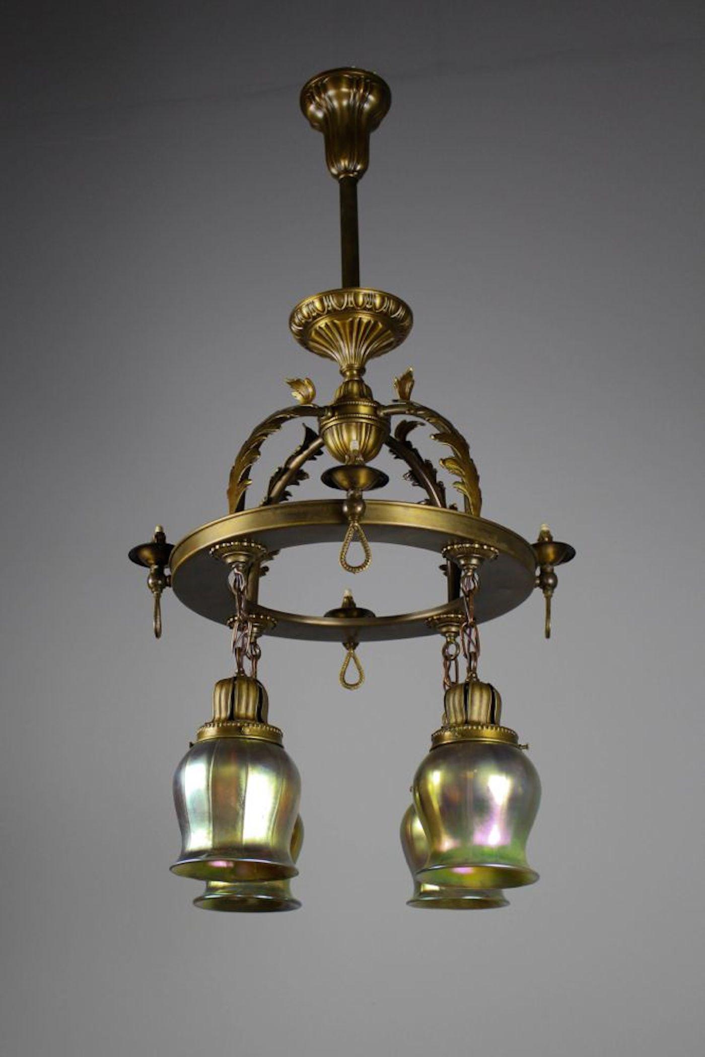 Superior Quality Converted Gas to Electric Fixture: Circa 1900. Attributed to Beardslee of Chicago. A stunning example of Early American lighting executed in the Sheffield Style. This fixture has been completely restored using all original parts, and h
