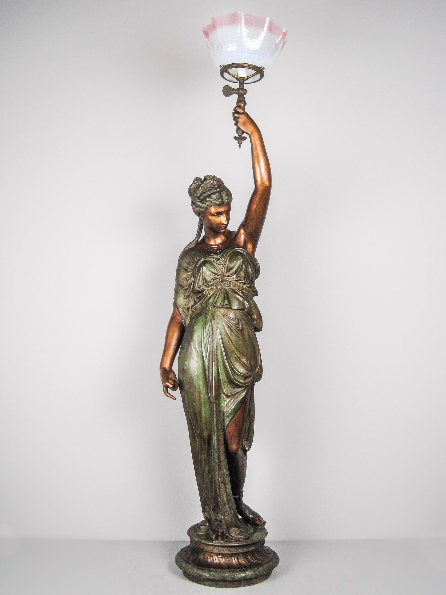"MITCHELL VANCE and CO." Goddess Newel Post Lamp: Ca. 1860 Stunning Mitchell Vance and Co. converted gas bronze figural newel post lamp with antique shade. Profusely cast and finished by hand, this newel post is of the finest quality available. Cloth