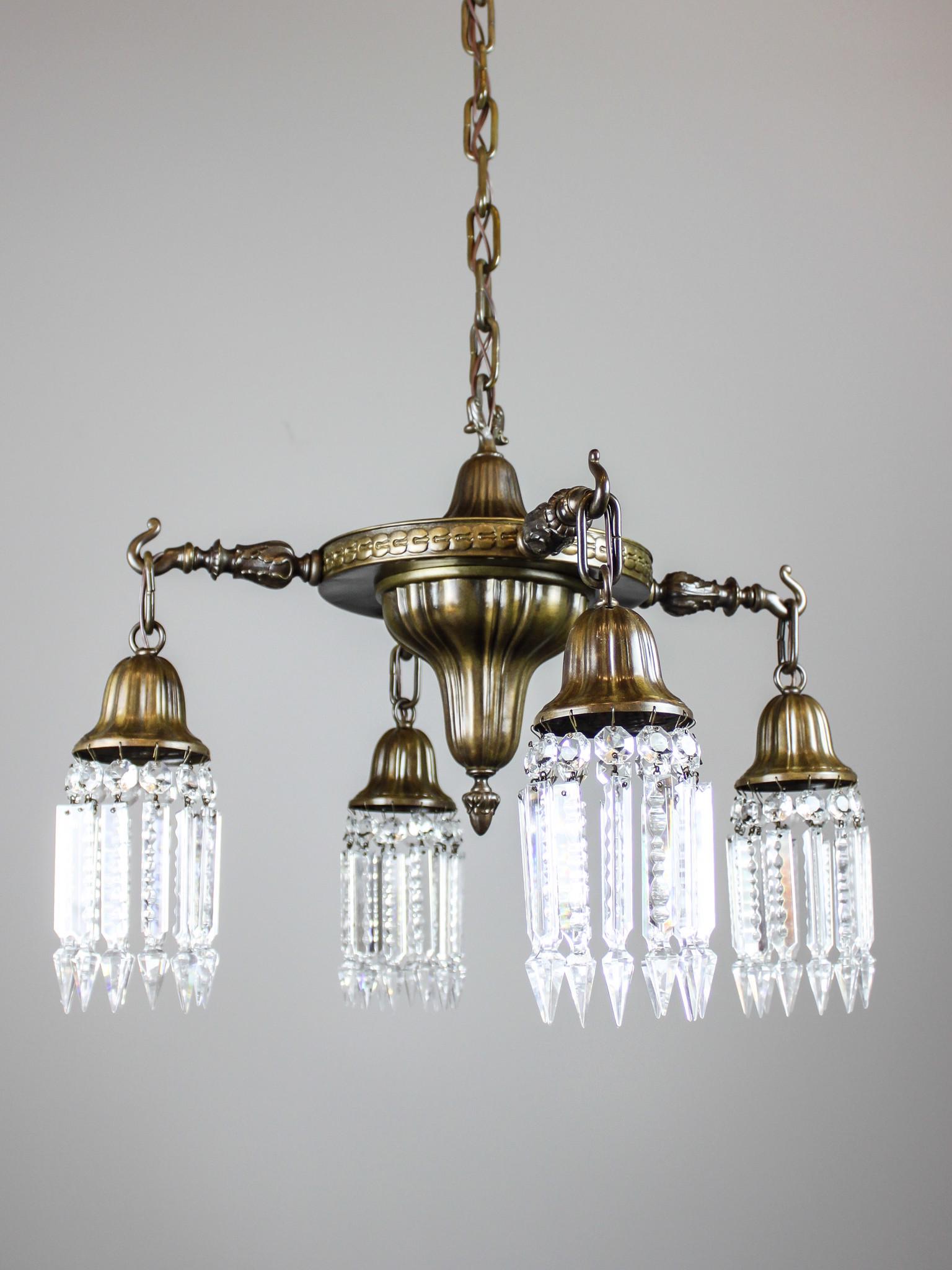 Antique American Pan Light Fixture (4 Light): Ca. 1918 Unusual American light fixture with Sheffield pattern and original highlow finish. The rim is embossed with circular geometric pattern and all four arms are heavy cast with acanthus leaf and 