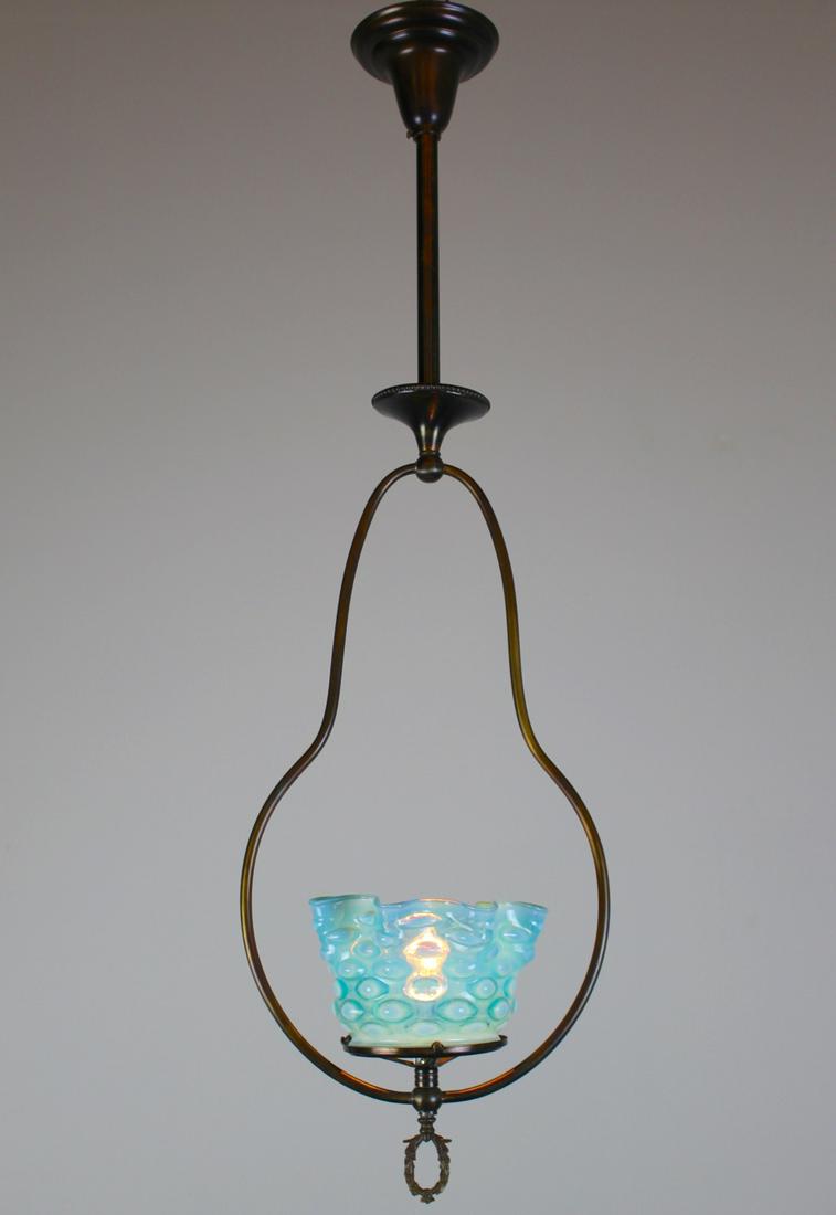 C. 1900 Victorian Gas Hall Harp: Lovely Elongated Frame Harp. C. 1900, this gas hall harp has been converted to Electric, and fitted with a delicious 5" Blue opalescent Shade. Meas: 38"L x 13"D