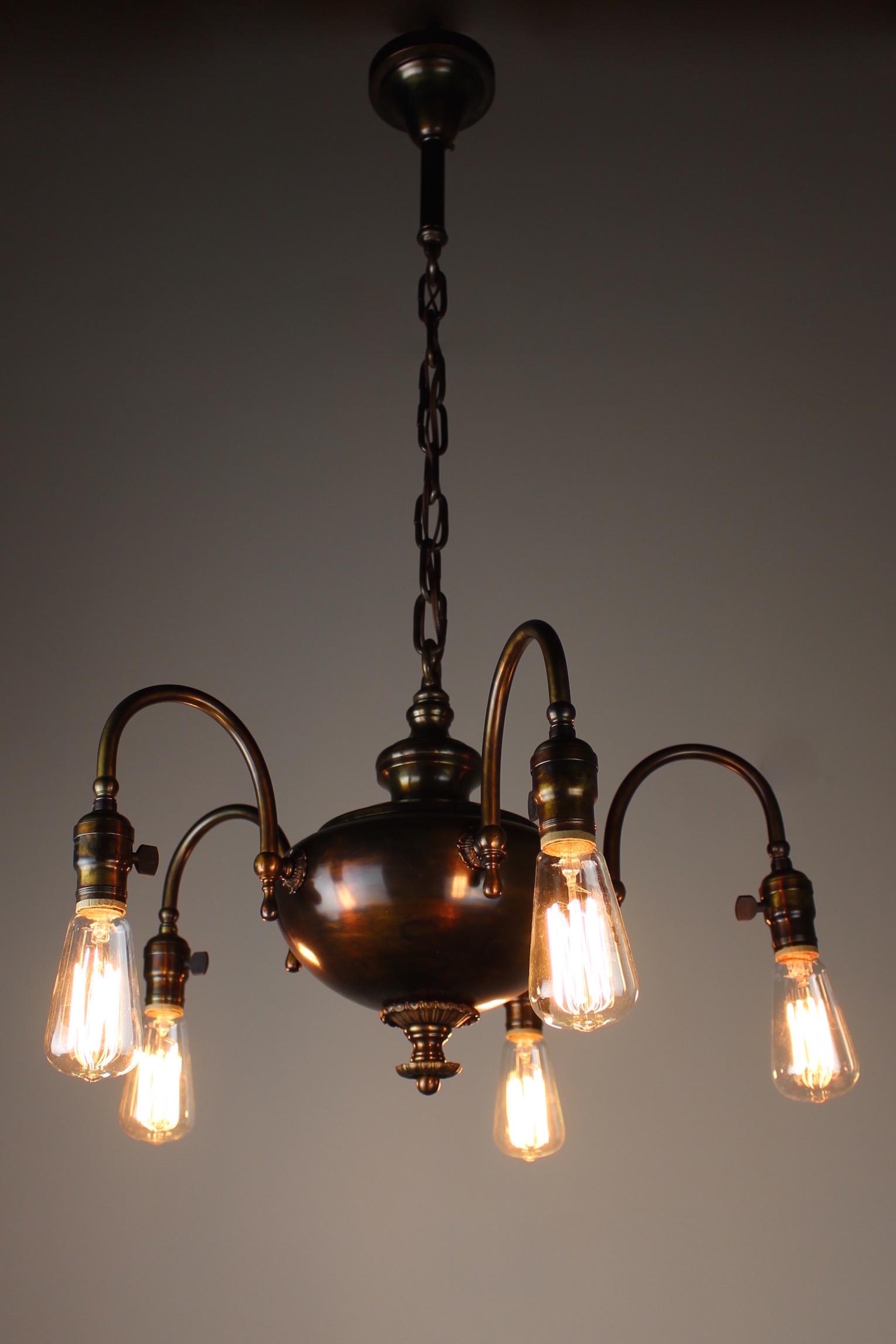 1920s Arts and Crafts Fixture, 5Light: This fivearm Arts and Crafts light fixture and a beautiful yet simple lines, circa 1920s. Salvaged from a home on Vancouver's Eastside, the style almost verges on Industrial. Cleaned, rewired, restore