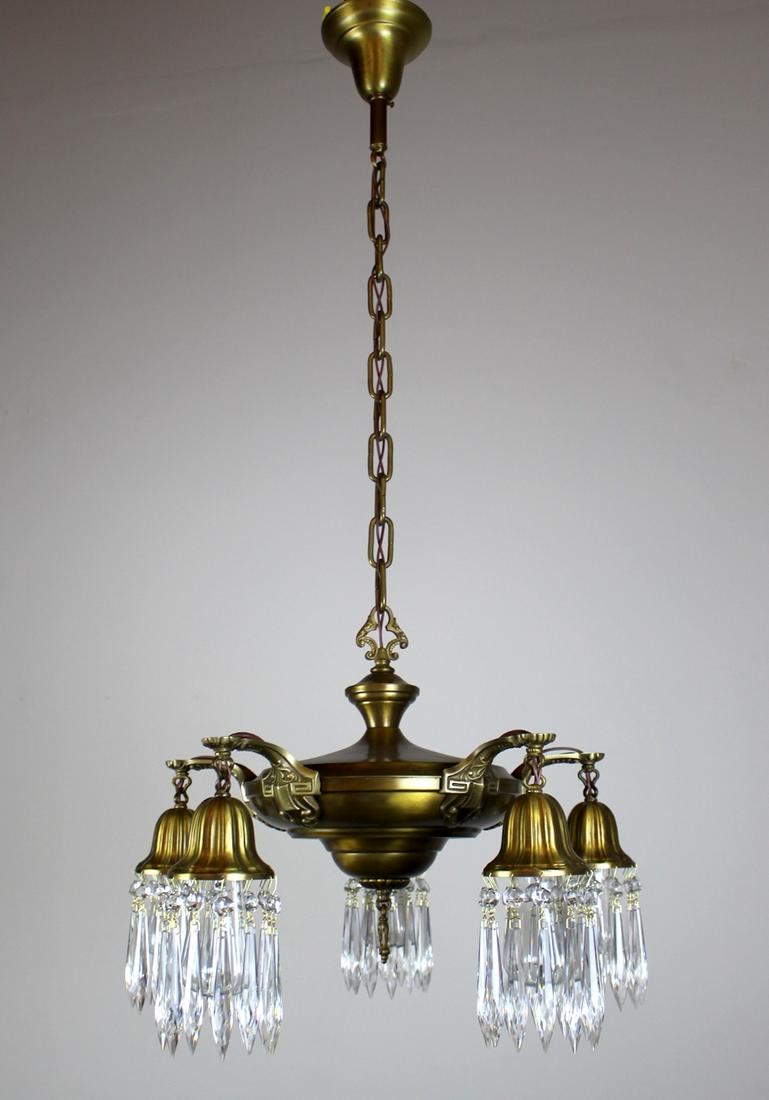 C. 1912 5 Light Pan Fixture with Crystals: Elegantly Proportioned Pan Fixture. Finished in Olive Bronze with 5" prism crystals on Sheffield holders. c. 1912 Meas: 43"L x 21"D