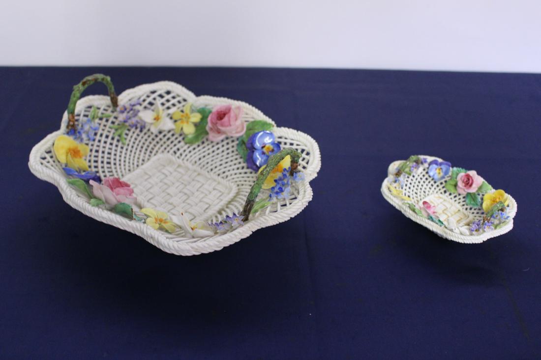 Two Crown Staffordshire Floral Porcelain Baskets and: Two Crown Staffordshire Floral Porcelain Baskets. Large one is 10"L x 8"W x 4"H. Small one is 5"L x 3.5"W x 2"H. White and Golden Ceramic Double Dish. 11.5"L x 8"W x 3.5"H.