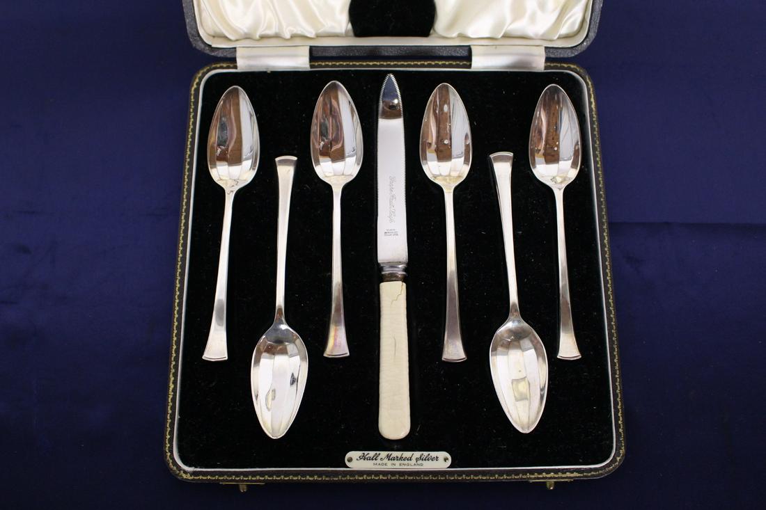 Original Set of Hallmarked English Sterling Silverware: Set of Hallmarked English Sterling Silverware in Original Box. Contains 6 Spoons and 1 Grapefruit Knife. Each spoon measures 6"L. The grapefruit knife is 7.5"L. The box measures 9"Sq x 1.5"H.