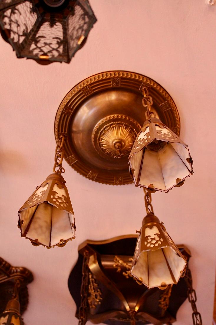 C. 1910 Large 3 Light Flushmount: C. 1910 Large 3 Light Flushmount with an olive bronze finish. Measures 15"D x 6"H (body) x 17"H (drop), 10 lbs.