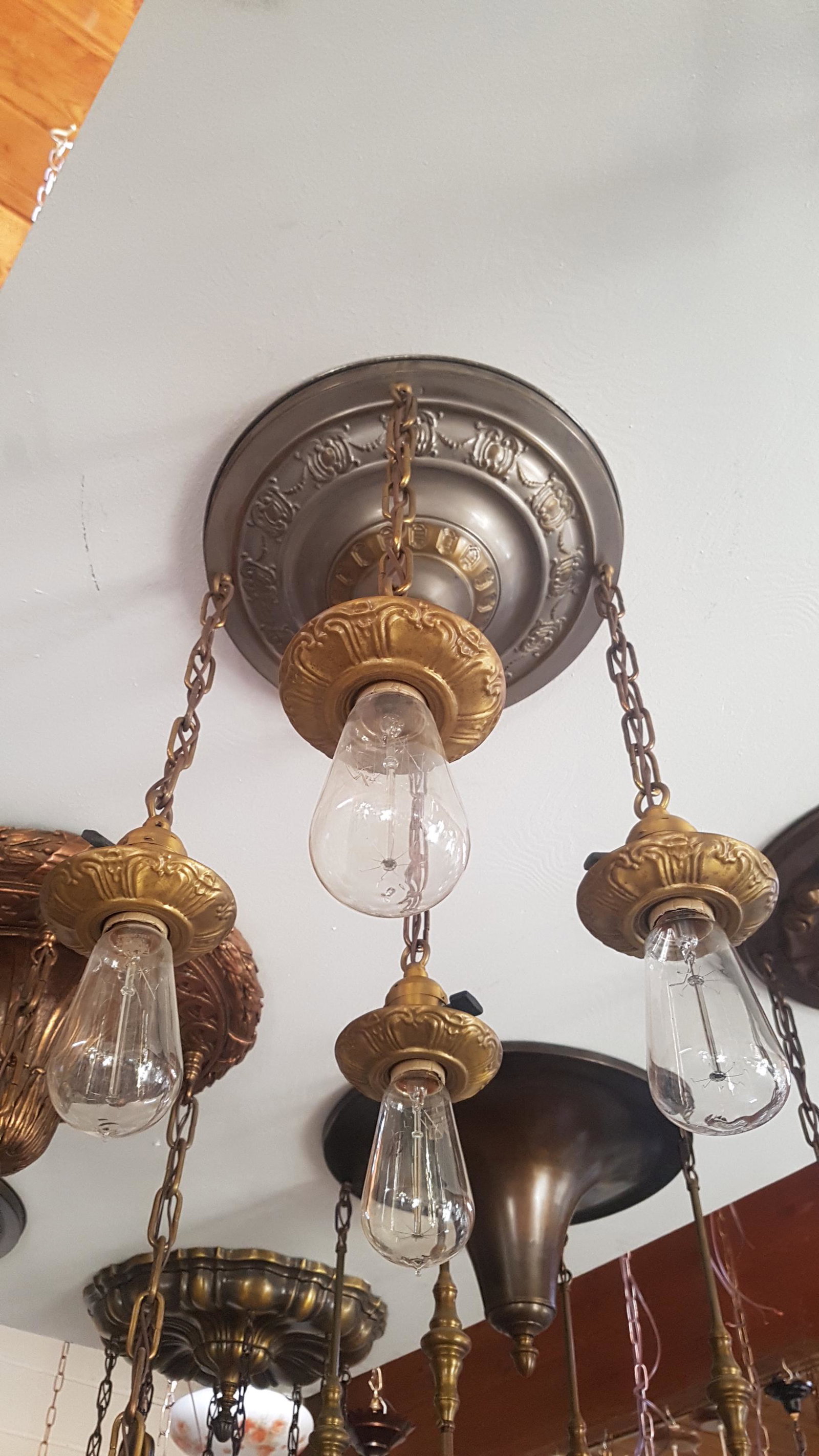 2 Tone 4 Light Barebulb Flushmount C. 1915: 2 Tone 4 Light Barebulb Flushmount C. 1915. Measures 12"D x 14"L (drop, no bulb).