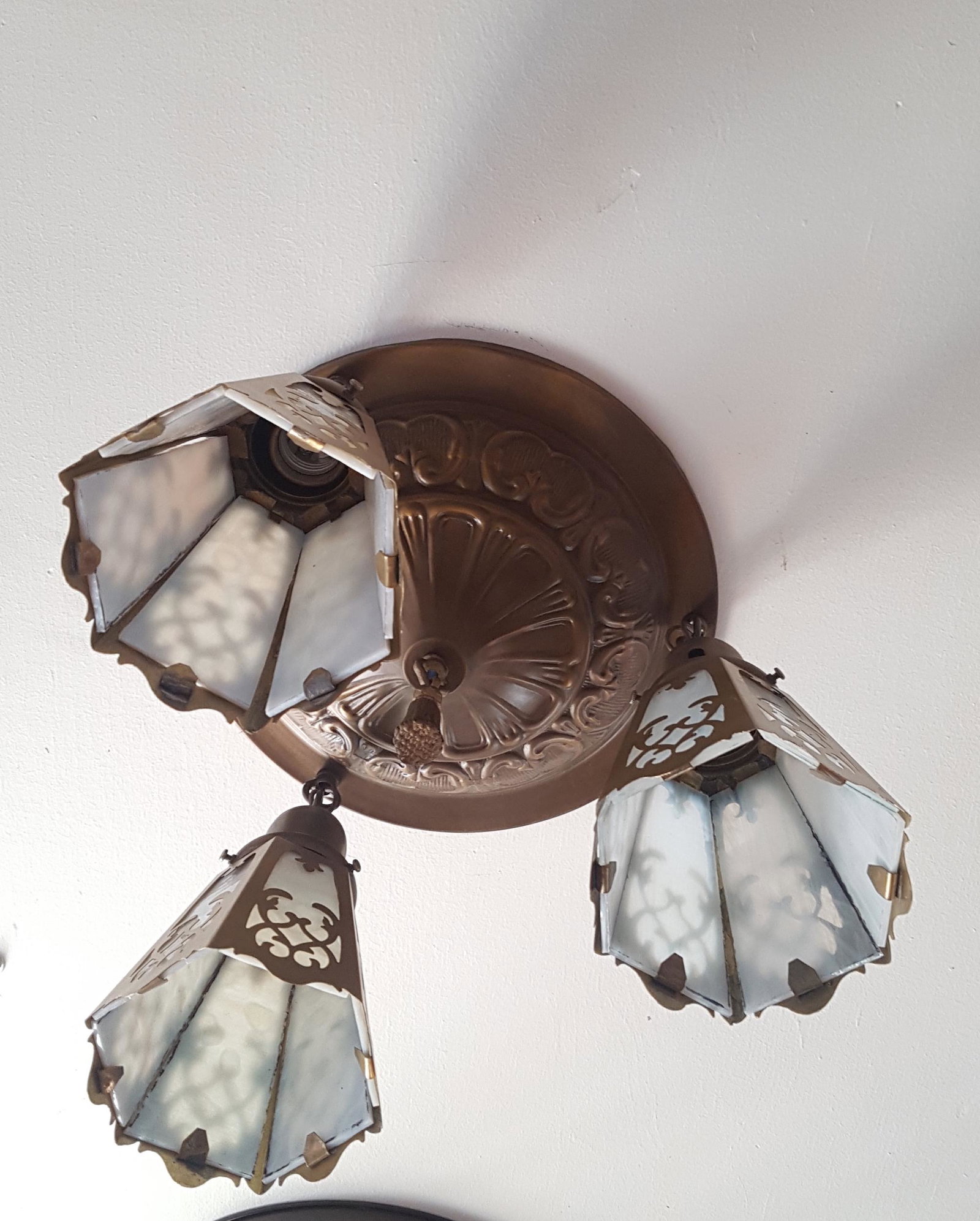 3 Light Embossed Flushmount C. 1915: 3 Light Embossed Flushmount C. 1915. Cut out shades. Measures 9.5"H x 12"D.