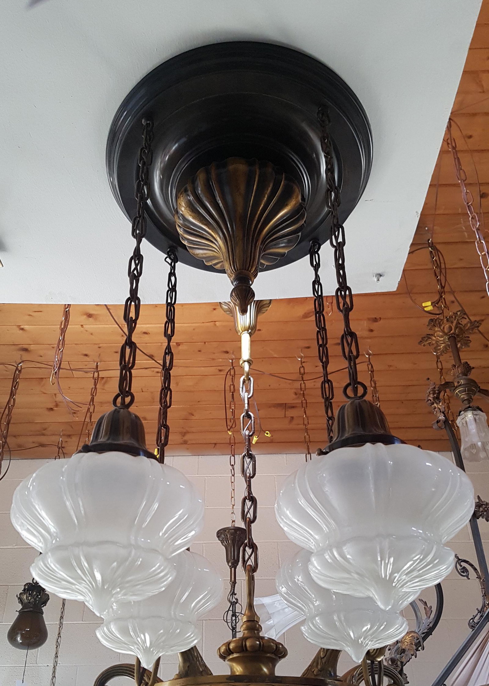 4 Light Sheffield Flushmount Fixture: 4 Light Sheffield Flushmount Fixture, C. 1915. Measures 29"L x 17"D.