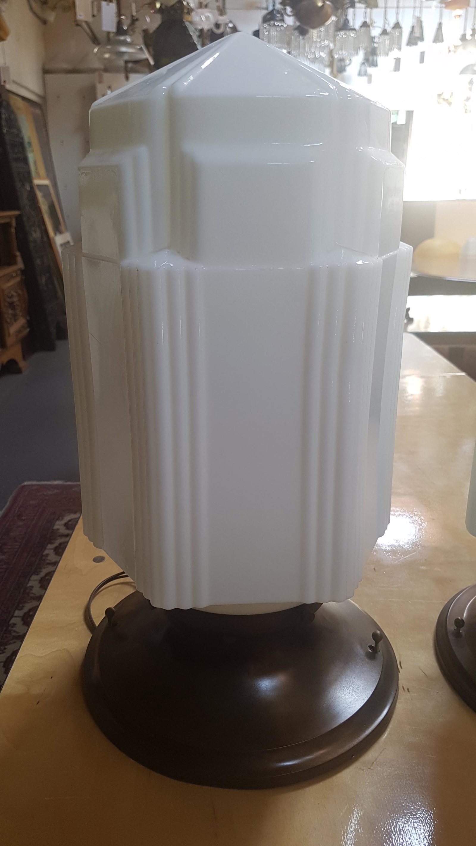 Art Deco Schoolhouse Shade Flushmount: Art Deco Schoolhouse Shade Flushmount, C. 1940. Measures 19.5"H x 11"D. Weighs 8.5 lbs