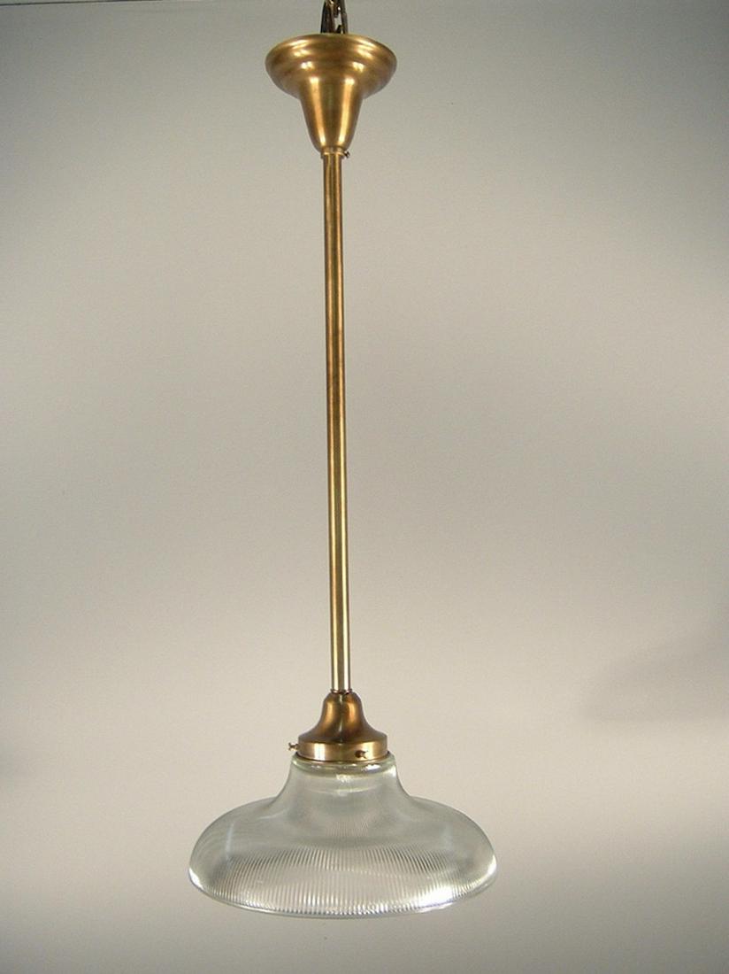 Quality Pendant Fixture Holophane Shade: Quality Pendant Fixture Holophane Shade. Measures 12"D x 32"H.