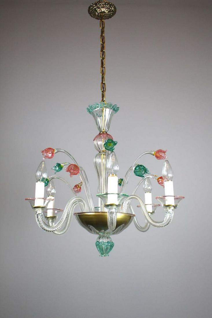 1950s Murano Glass Chandelier (6 light): Circa 1955 Rare Murano Ca'rezzonico chandelier in transparent and multicolour glass. This piece is an absolute collector's dream. Fully restored to its original condition, rewired, and ready to hang. 