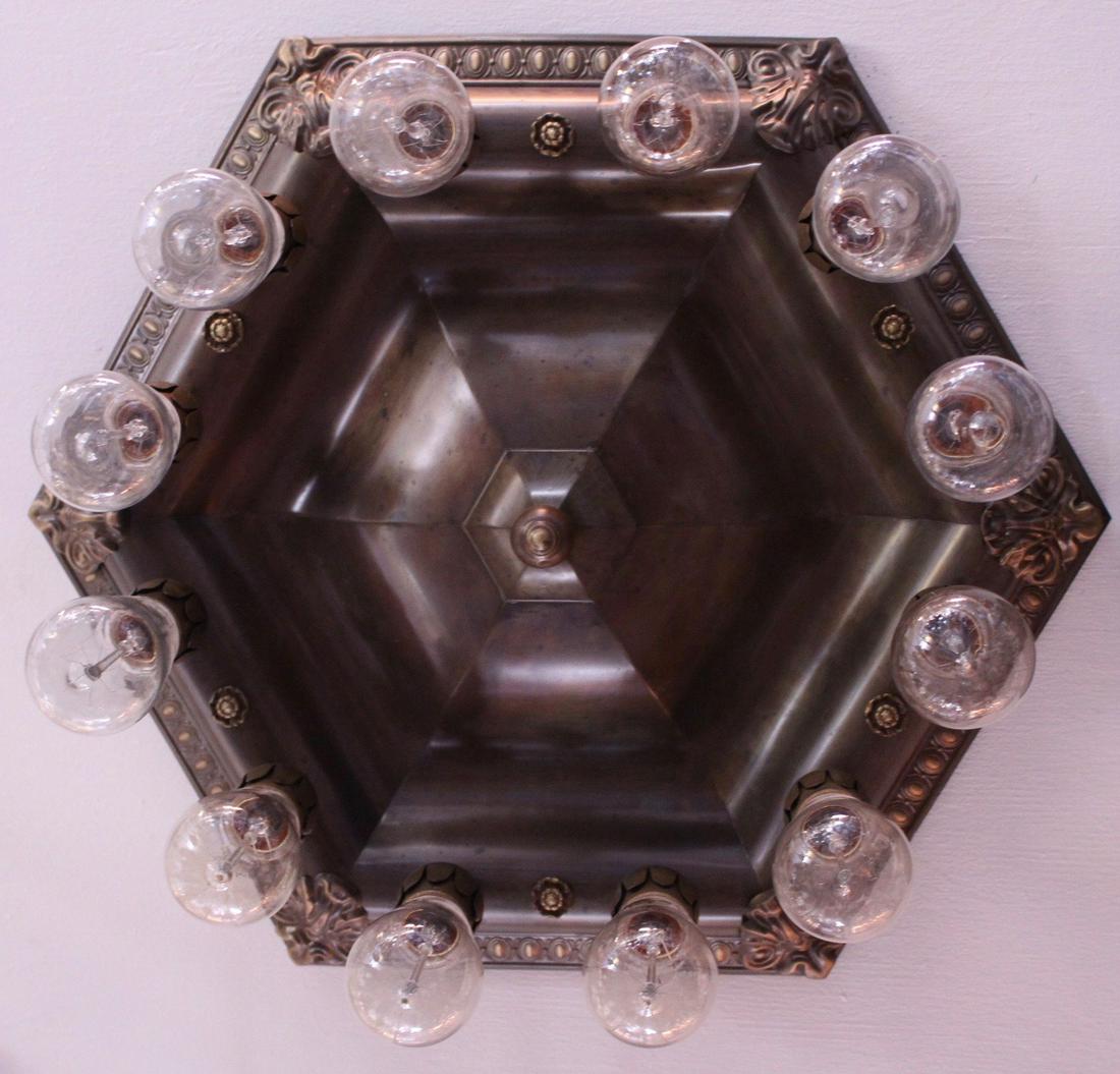 High Grade Heavy Cast Industrial Flushmount with 12: C. 1915 High Grade Heavy Cast Industrial Flushmount with 12 Barebulb Lights. Hexagonal Shape. Measures 20"Dia x 10"H, 10 lbs.