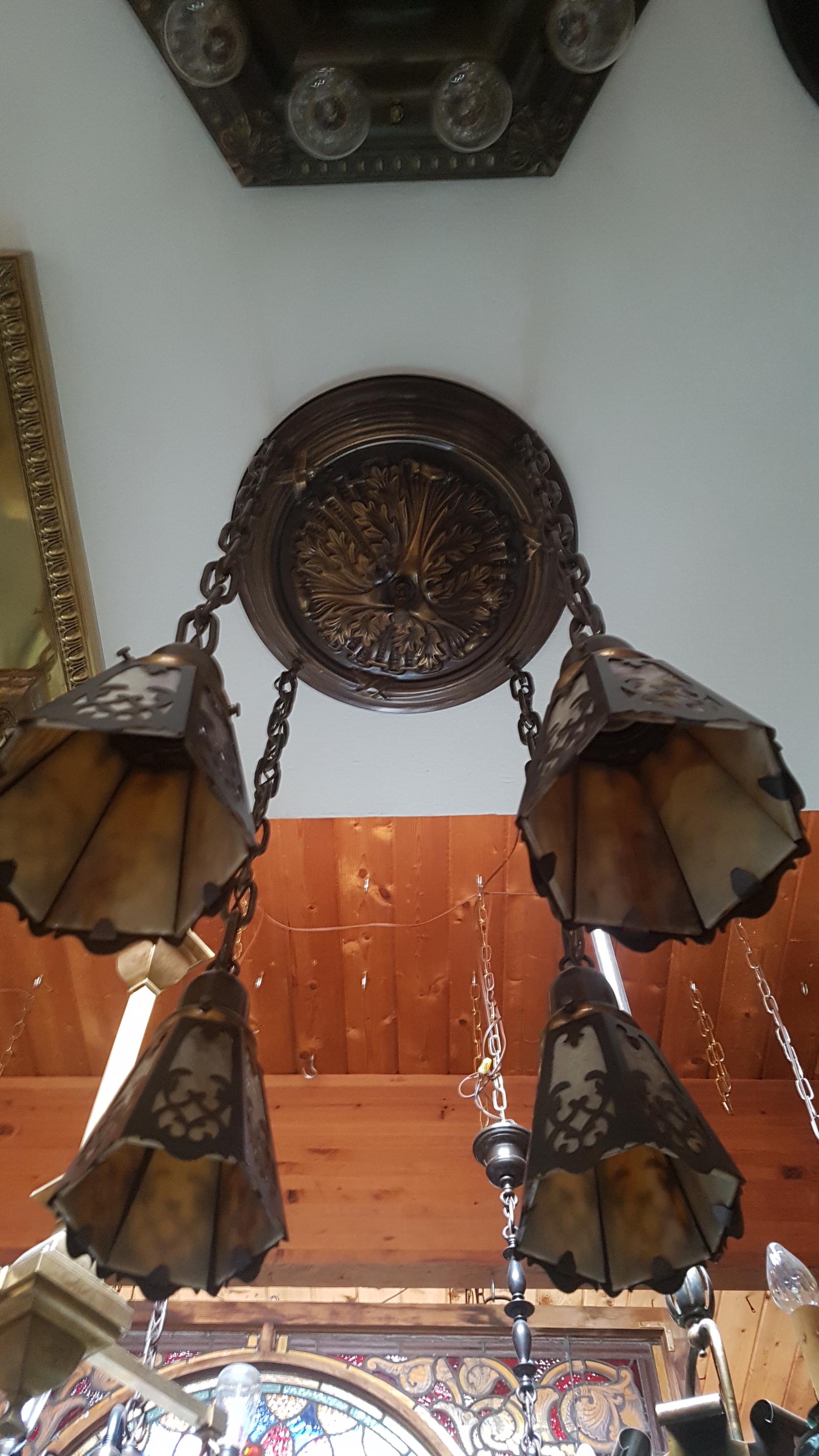 Embossed Edwardian Flush Mount Light Fixture (4 light): Ca. 1915 Embossed Edwardian flush mount light fixture fitted with cut out shades. Rewired and refinished in olive bronze. 27"H x 17"Dia.