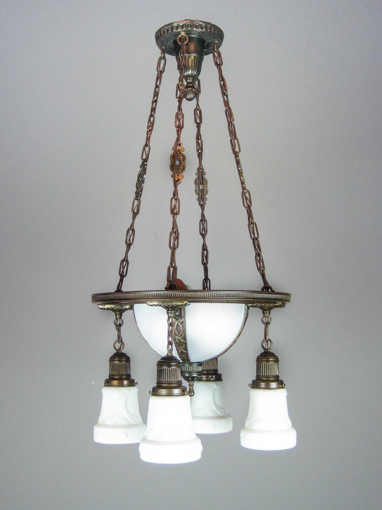 C. 1918 Colonial Revival Slump Glass Light Fixture: Ca. 1918 Highgrade slump glass held by detailed brass panels, surrounded by four recast milk glass shades. Amazing quality fixture, fully restored and rewired, ready to hang. Measurements: 35.5"L x 16