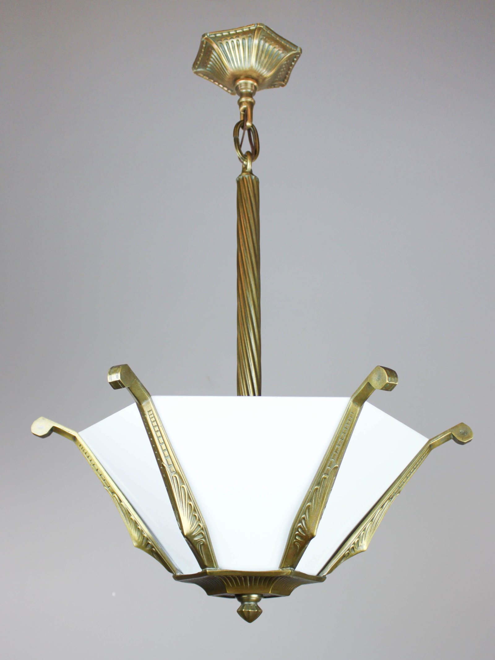 Art Deco Pendant Bowl Fixture: Ca. 1925 Art Deco Bowl fixture with milk glass panels. Original finish on twisted form arms, pole and canopy, fully cleaned and preserved by the experts in our Vancouver shop. Custom cut panels of mil