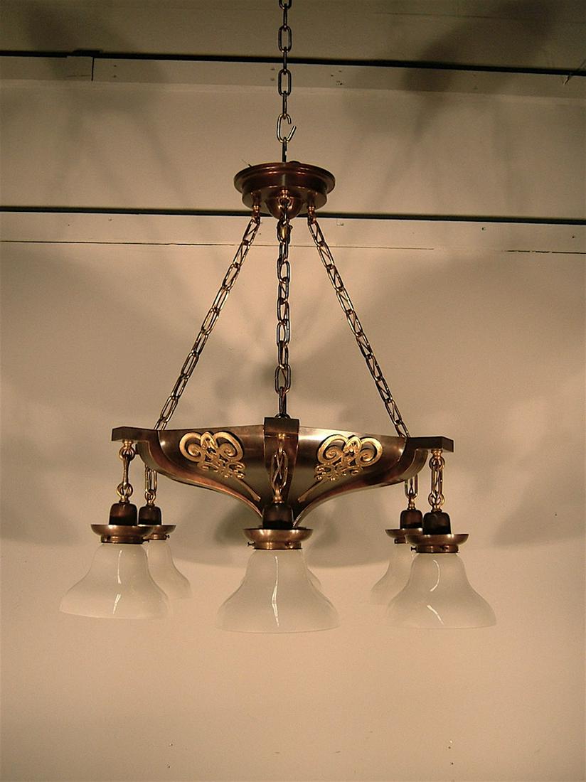 Colonial Revival Shower Light Fixture (6 Light): Ca. 1910 Original fixture fitted with period correct shades. Note unusual metal work and tudor castings. 31"L x 29"W
