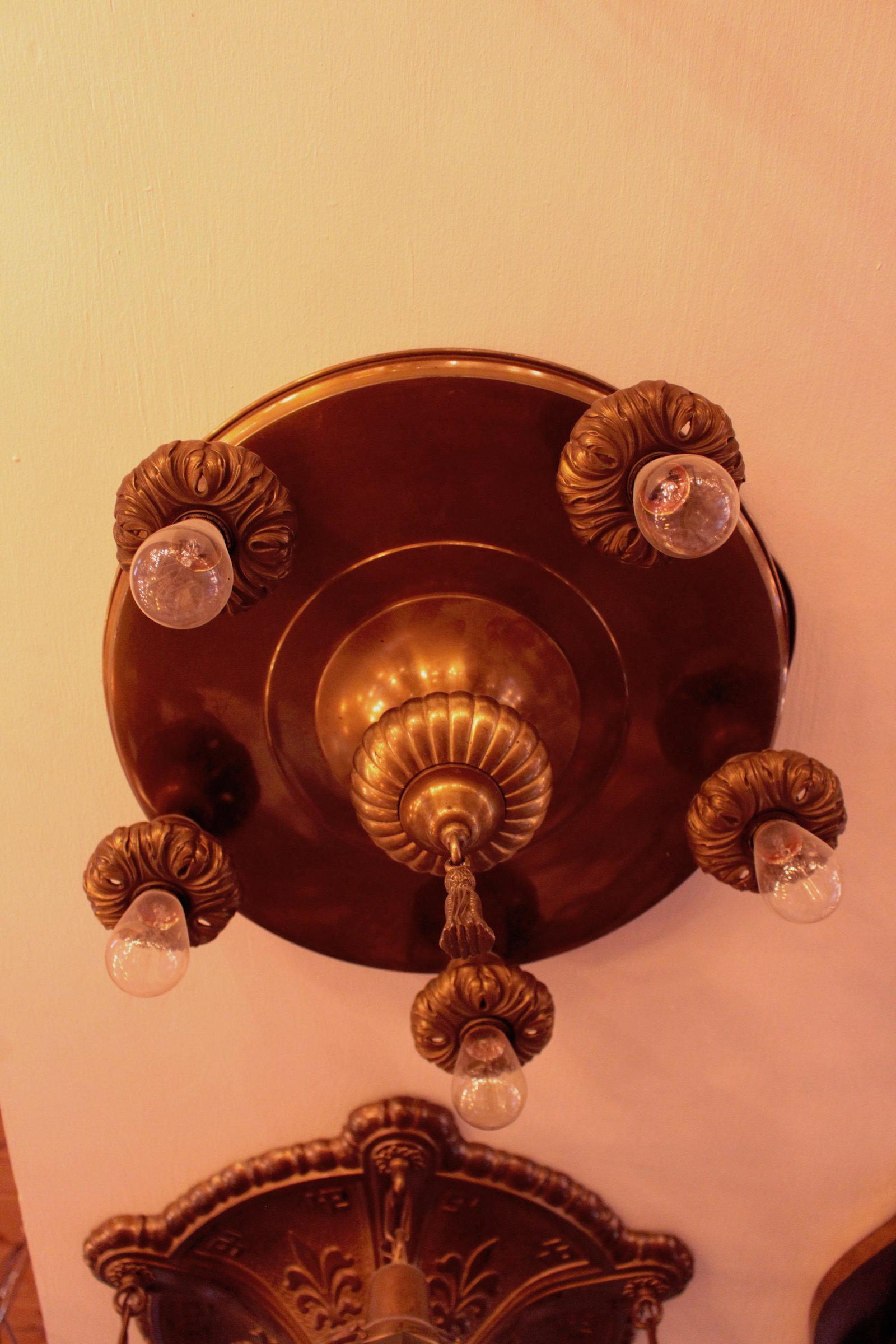 5 Light Edwardian Flushmount Fixture: Circa 1917. 5 Light Edwardian Flushmount Fixture with Bare Bulbs. Measures 8"L x 15"D