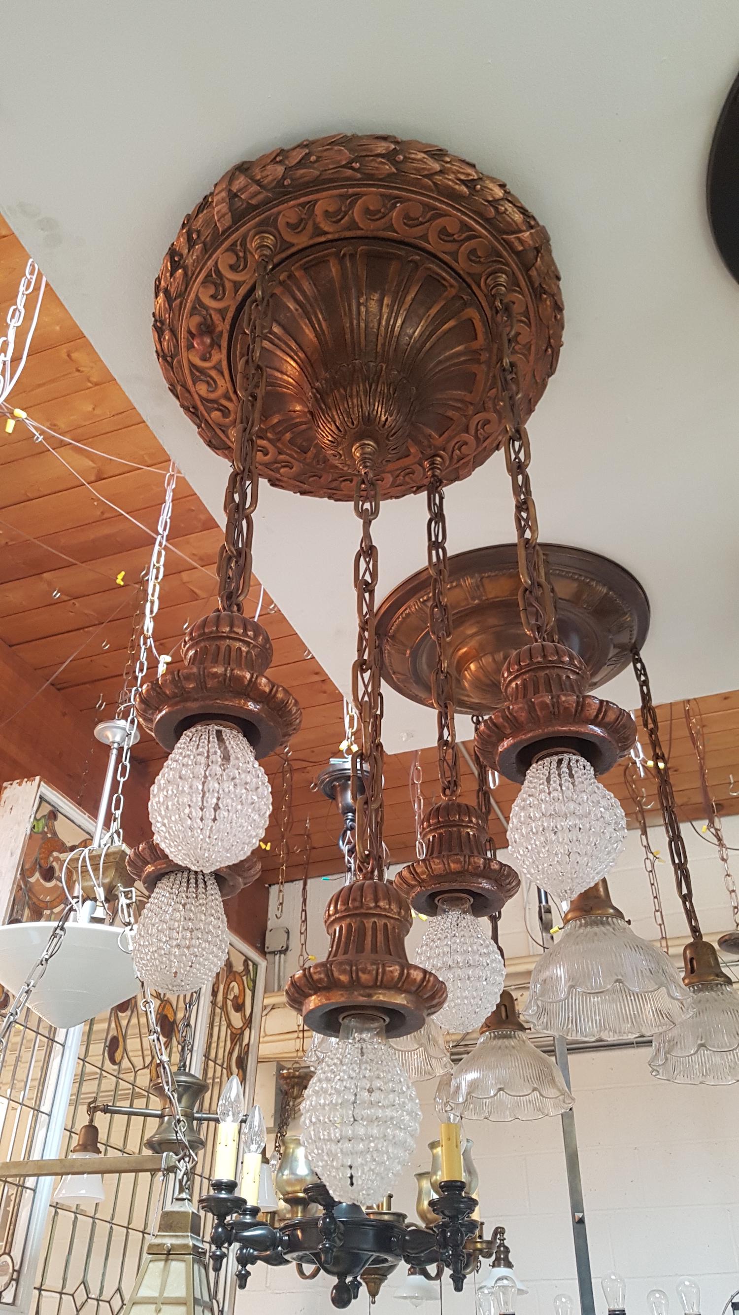 Bronze 5 Light Flushmount with Crystal Shades: C. 1915, Bronze 5 Light Flushmount with Crystal Shades. Measures 32"H x 20"D.
