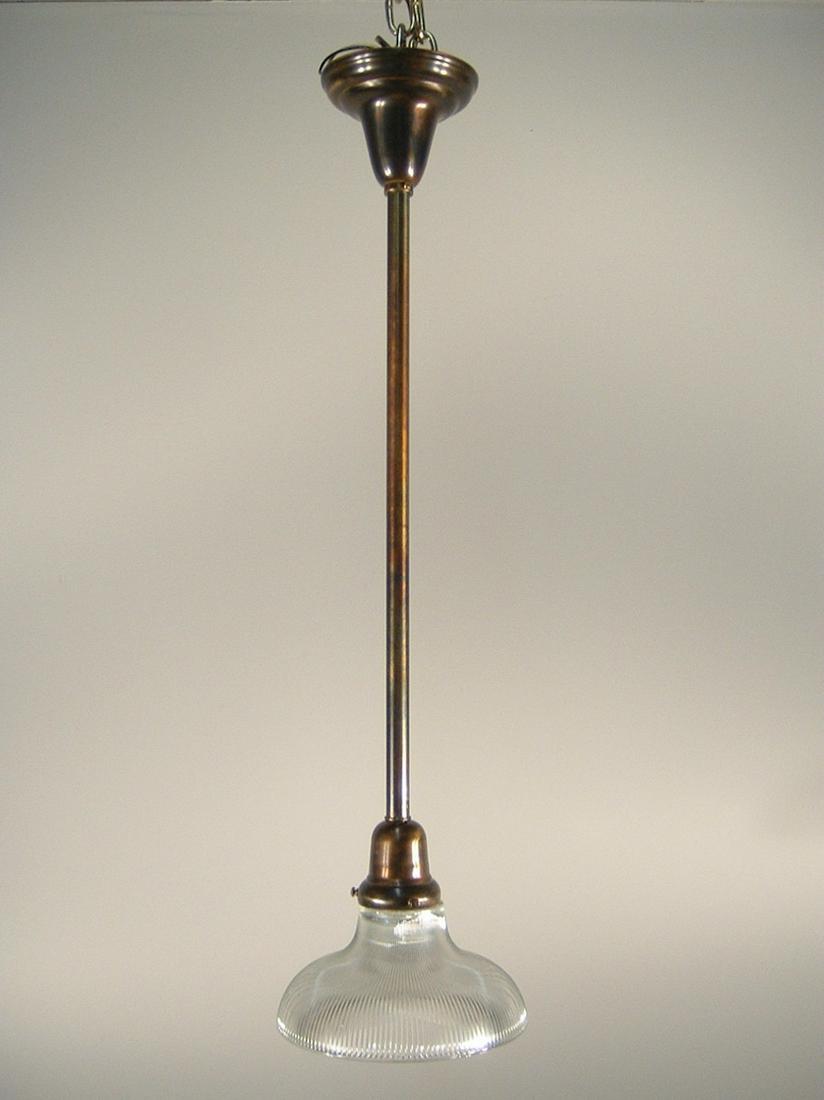 Quality Pendant Fixture Holophane Shade: Quality Pendant Fixture Holophane Shade. Measures 12"D x 43"H.