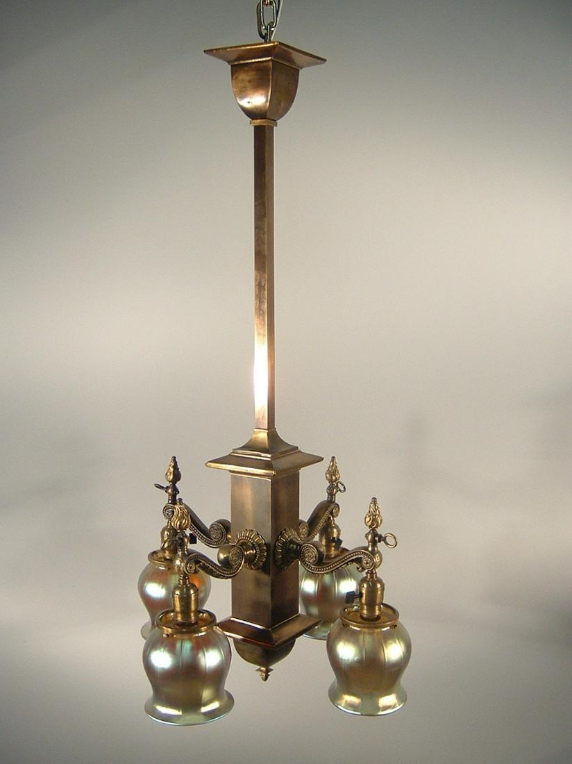 "BEARDSLEE" Edwardian Mission Light Fixture (4 Light): Ca. 1912 This high quality fixture has elements of Edwardian and Arts and Crafts "Mission" style, made by "Beardslee" of Chicago. Originally a combination gas/electric fixture, this fixture has been r