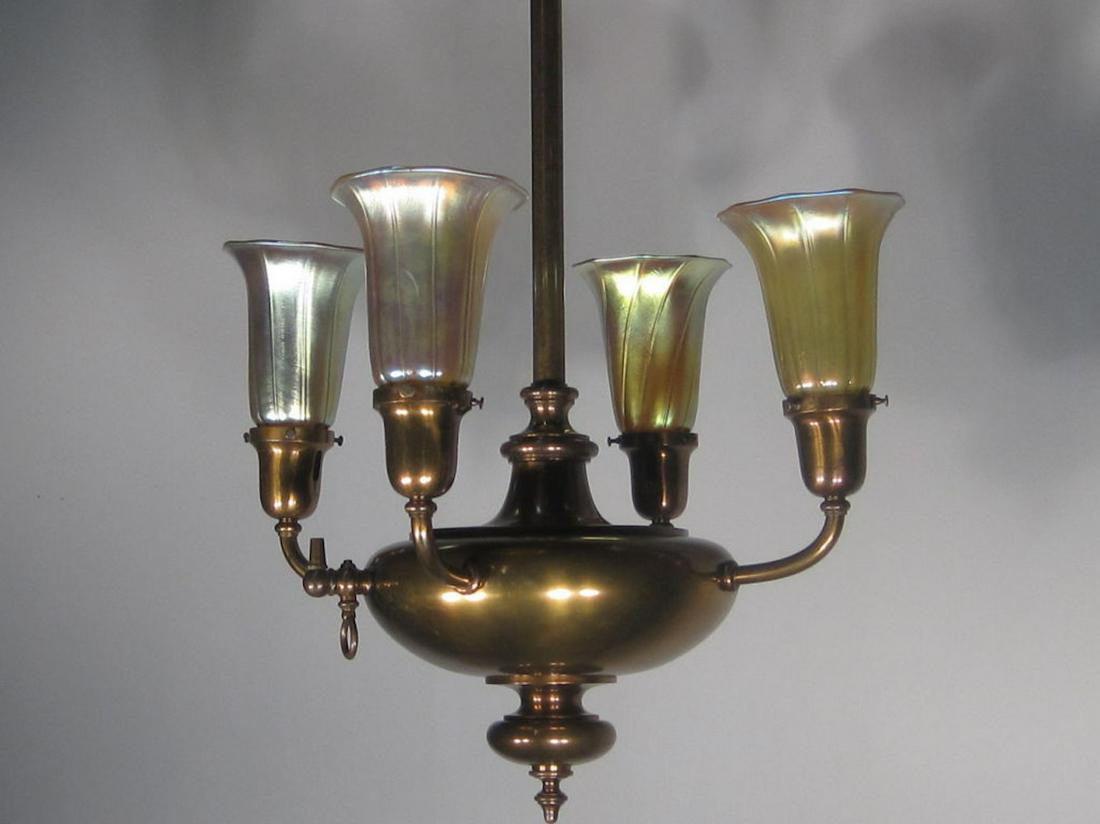 MITCHELL VANCE CO. Arts and Crafts Light Fixture: Ca. 1905 Arts and Crafts Fixture by Mitchell Vance Co. with four upward pointing lamps, all original with gas plug appliance valve. Fixture has been restored, with the original finish maintained and r