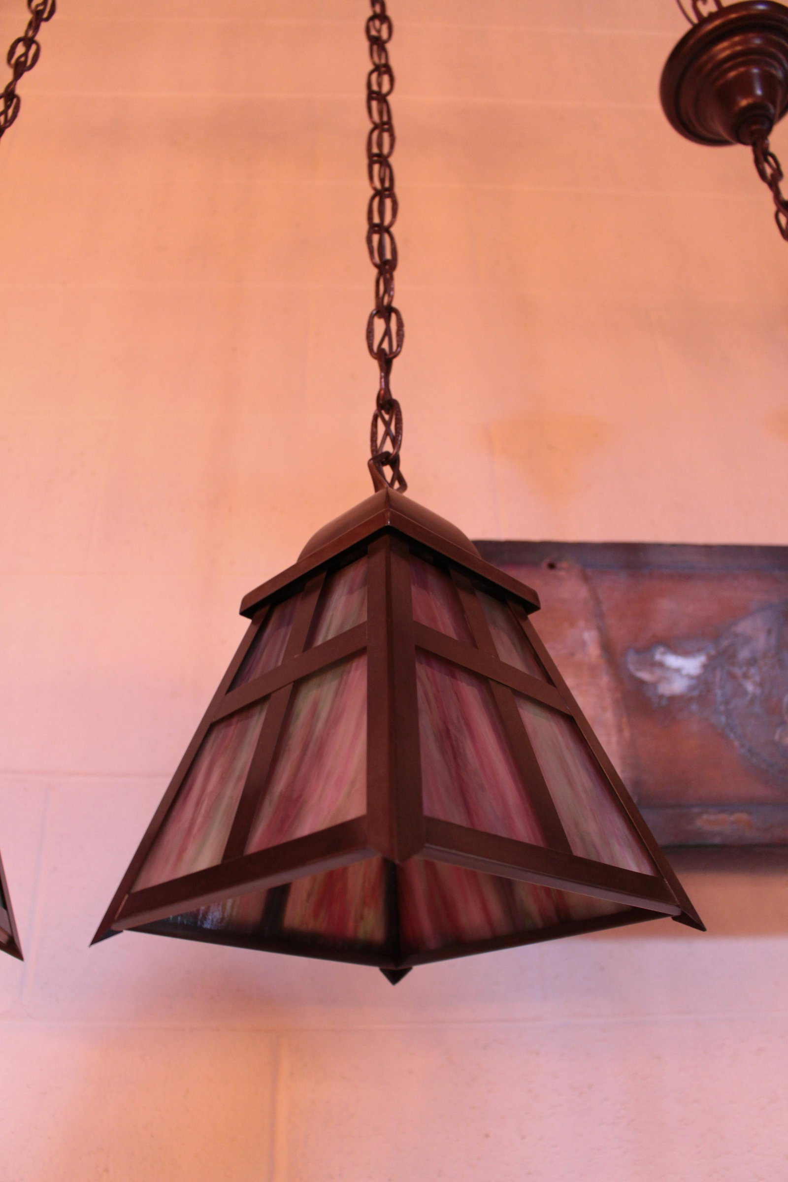 Arts and Crafts Pendant with Large Shades: Arts and Crafts Pendant Fixture with Large Purple and Green Slag Glass Shades. Modern. Measures 40"L x 10"D.