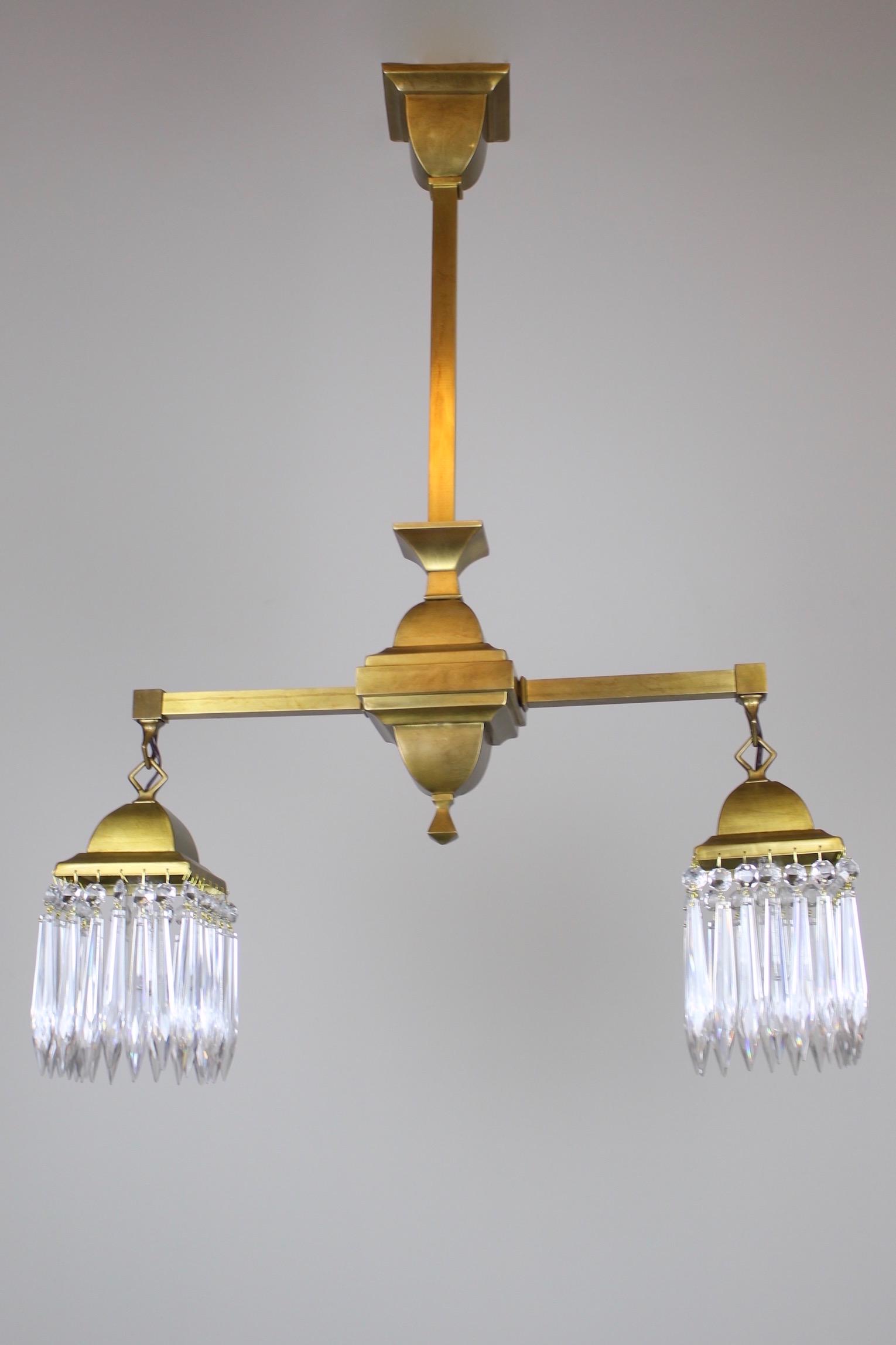 Mission Style Crystal Fixture Circa 1910 Satin Brass (2: Circa 1910. An original mission link style fixture with crystal shades, a hard to find original combination. This two arm fixture, has been restored to its original satin brass finish. A very pleasant