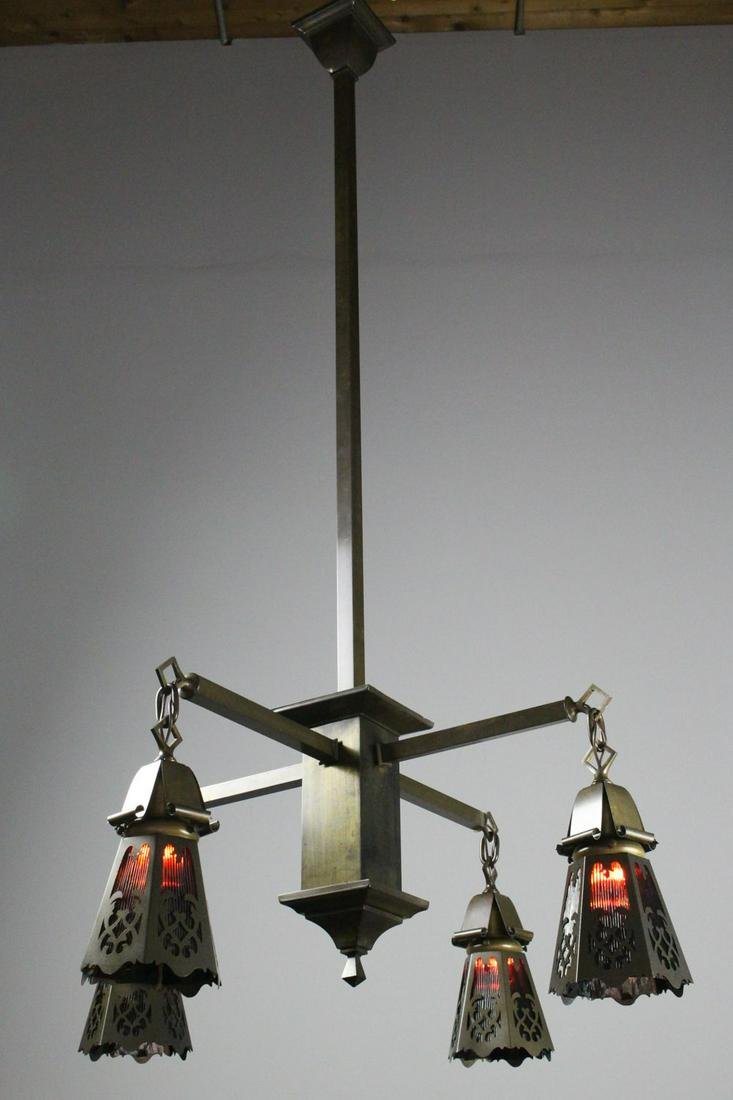 Mission Fixture: Mission Arts and Crafts light fixture with four arms. Classic minimalist style with straightforward lines, an elegant antique fixture with all original components and finish. Fitted with period correc