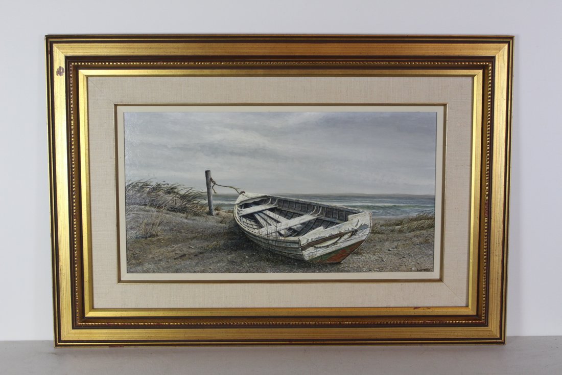 Acrylic Painting of Chip Lake by Leonard James Gibbs: Acrylic Painting of Chip Lake by Canadian Painter Leonard James Gibbs, circa 1974. Measures 24"H x 35.5"L x 1.5"Thick