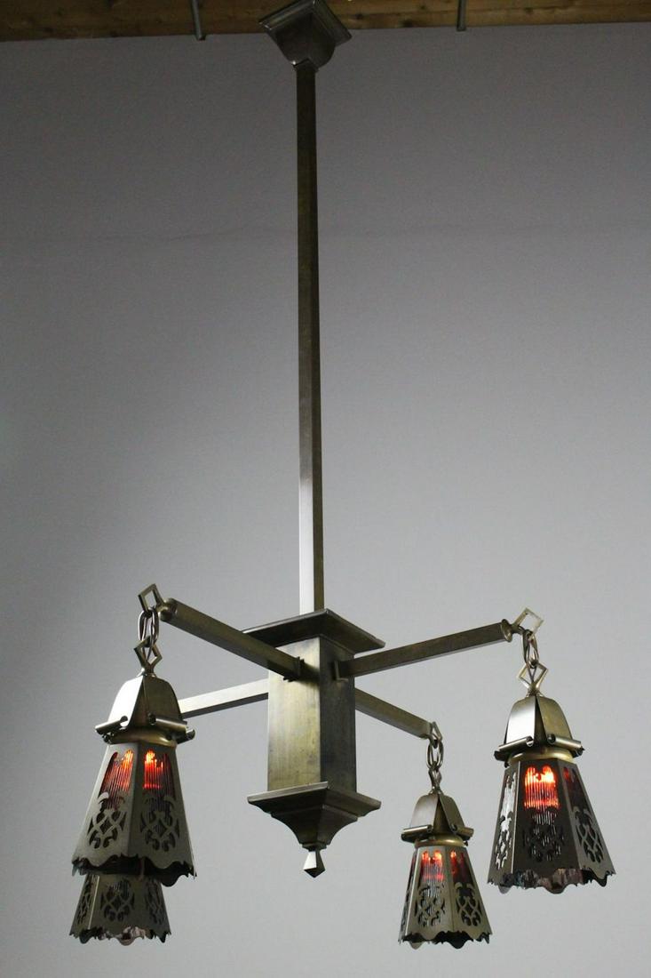 4 Light Mission Fixture: Mission, Arts and Crafts light fixture with four arms. Classic minimalist style with straightforward lines, an elegant antique fixture with all original components and finish. Fitted with period corre