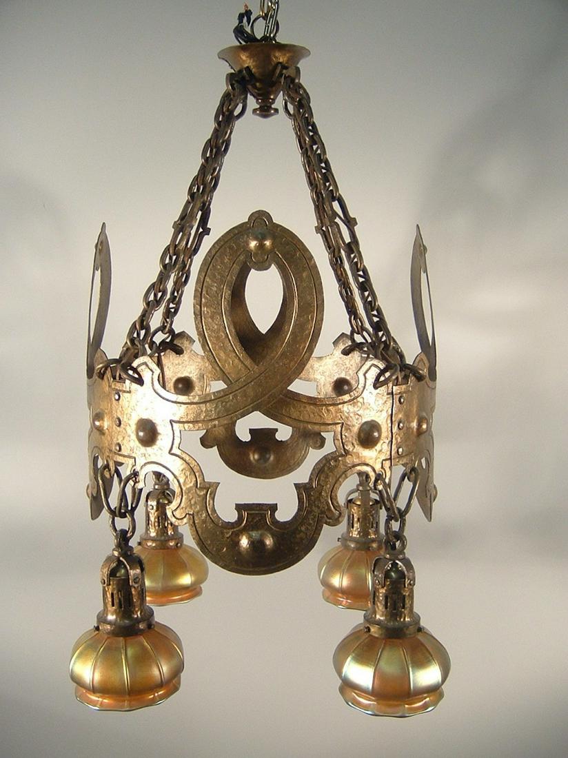 BEARDSLEE Arts and Crafts Ring Fixture (4 Light): Ca. 1912 Highest quality hammered Arts and Crafts fixture with four original signed Steuben shades (one of which has been slightly damaged and repaired). Found in West Vancouver, attributed to Beardsl
