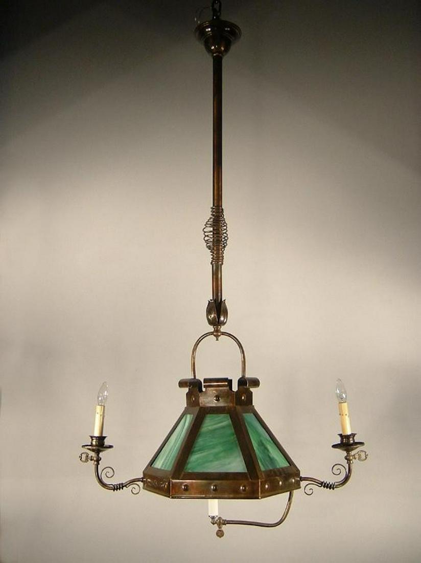 Arts and Crafts Vestibule Light Fixture (3 Light): Ca. 1905 All original 3 light refinished in an antique bronze with original green slag glass. Sourced in New York City. Measurements: 39"H X 28"W
