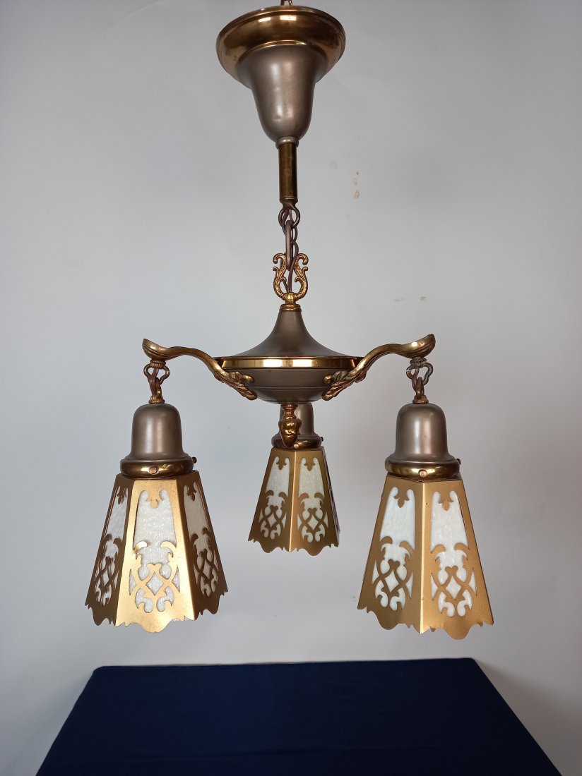 Matte Nickel Pan Light Fixture (3 light): Ca. 1925 Matte nickel and brass pan light fixture with original parts and finish. Fitted with cutout shades. 35"H by 14"W